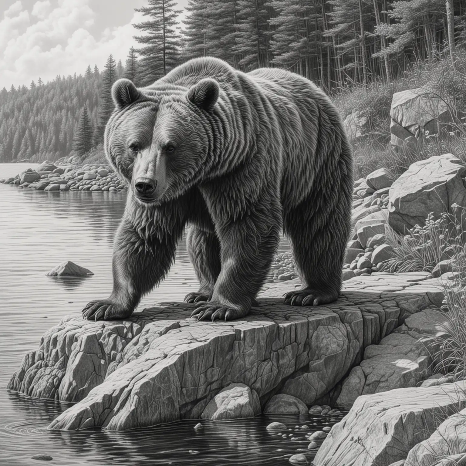 реалистичный рисунок в стиле карандашной графики максимально детализированный медведь на берегу озера
