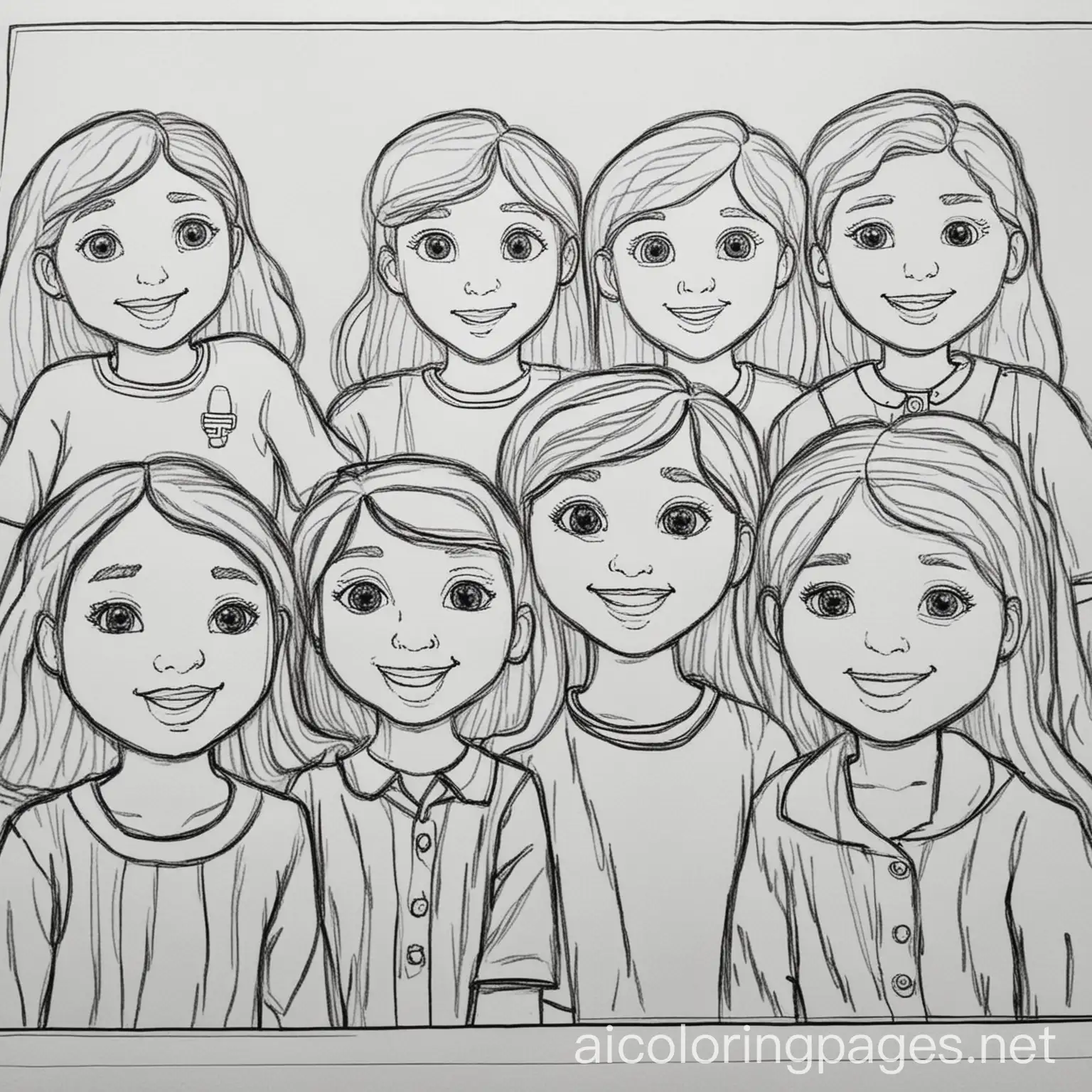 A group of 5th graders 
, Coloring Page, black and white, line art, white background, Simplicity, Ample White Space. The background of the coloring page is plain white to make it easy for young children to color within the lines. The outlines of all the subjects are easy to distinguish, making it simple for kids to color without too much difficulty