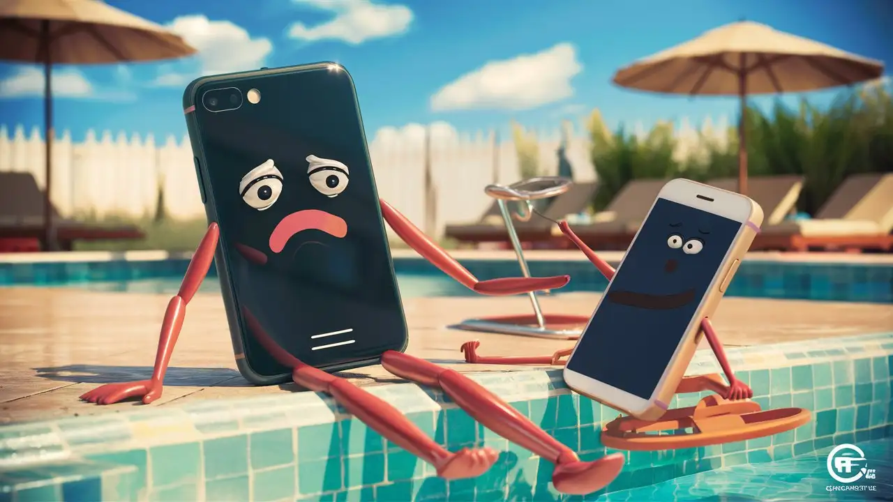 a smart phone with arms and legs and human personality is lying by the pool and saved from drowing with sad and sick face
, and another phone next to him lifeguard.