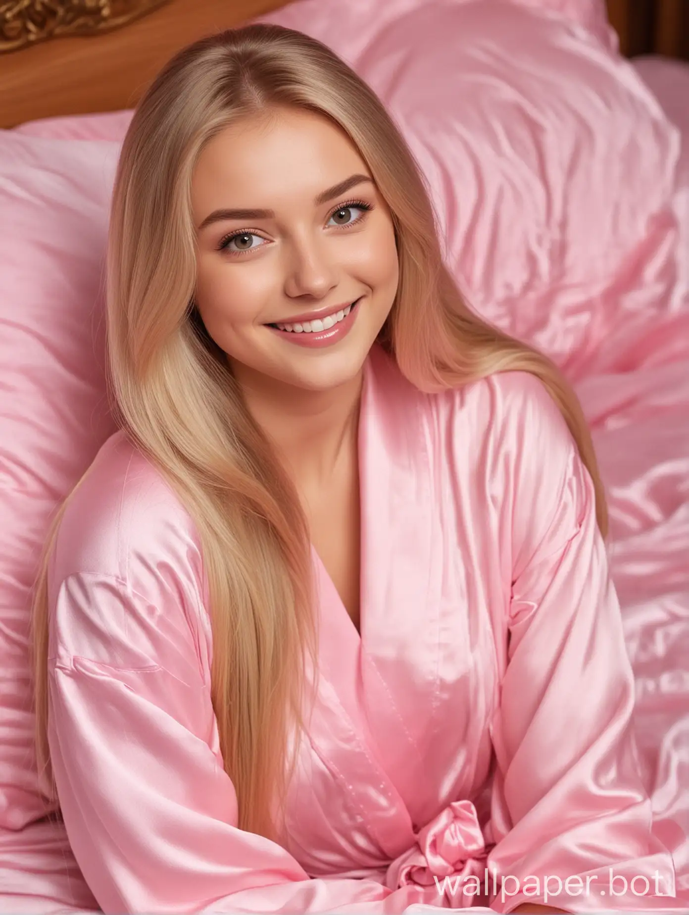Russian Disney princess-cutie sister Alyonushka with long straight silky hair smiles in a pink silk robe lies in a pink silk bed