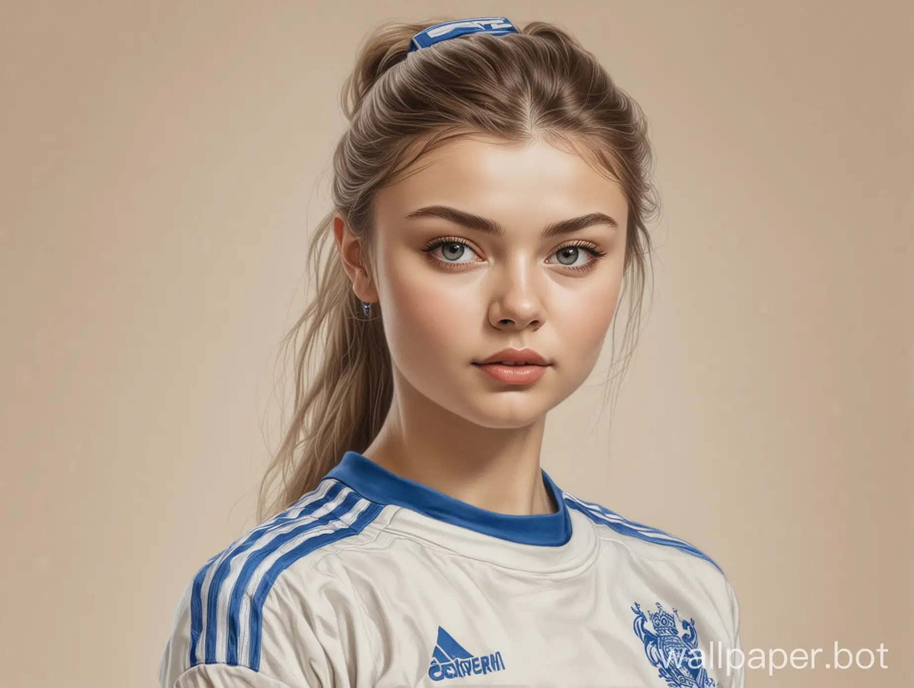 sketch young Alina Kabaeva 20 years old 4 breast size narrow waist In light-beige-blue soccer uniform white background high realism pencil drawing portrait in three-quarters style modern