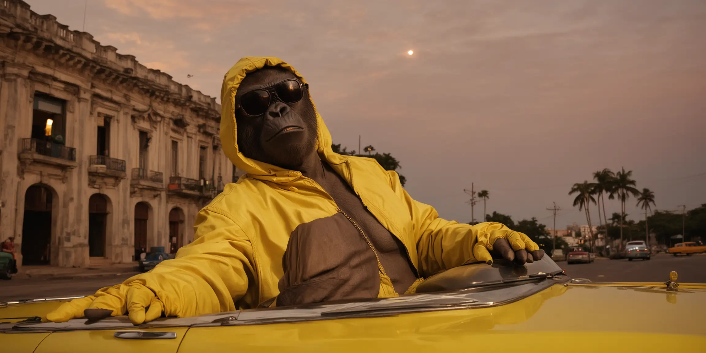 The gorilla is in La Habana, Cuba, it's sunset, and there's local architecture and vintage Cadillac cars.  The gorilla wears dark sunglasses  and a yellow jumpsuit like the one in the Breaking Bad series. His head is covered by the yellow hood. His hands are covered with light blue latex gloves. .He is sitting on the drivers seat of the green car, lighting a cuban cigar, smoking. low angle POV camera view. movement. Sky is orange violet sunset afternoon.