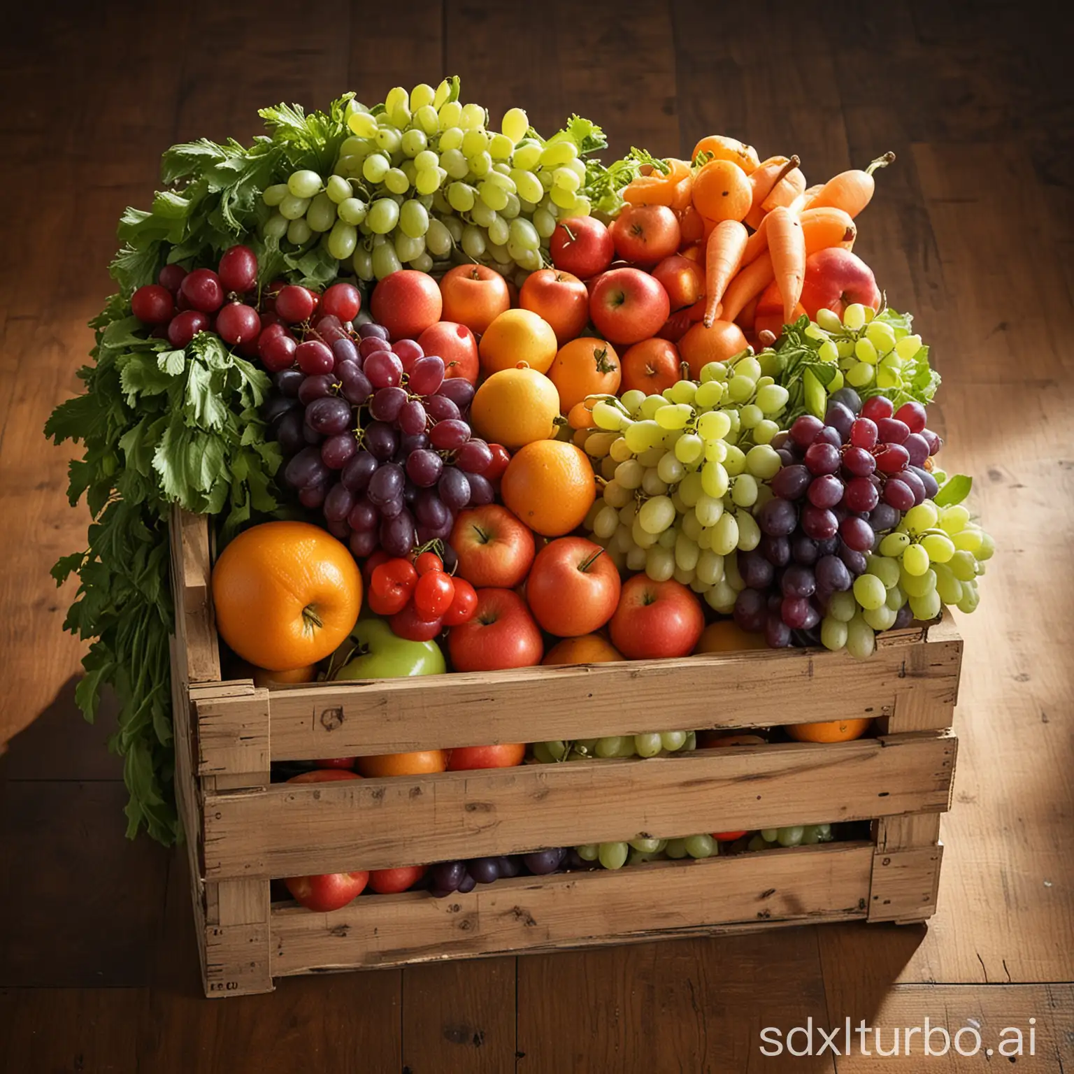 A colorful assortment of fresh fruits and vegetables, including apples, oranges, bananas, grapes, carrots, and celery, are piled high in a wooden crate. The light shining on the produce creates a warm, inviting glow, and the vibrant colors of the fruits and vegetables are sure to catch the eye.