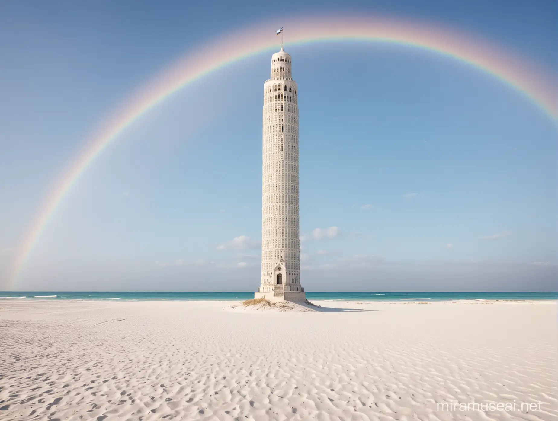 Single tall white romantic fantasy skyscraper tower on a white sand beach, clear blue sky, rainbow, bright day

