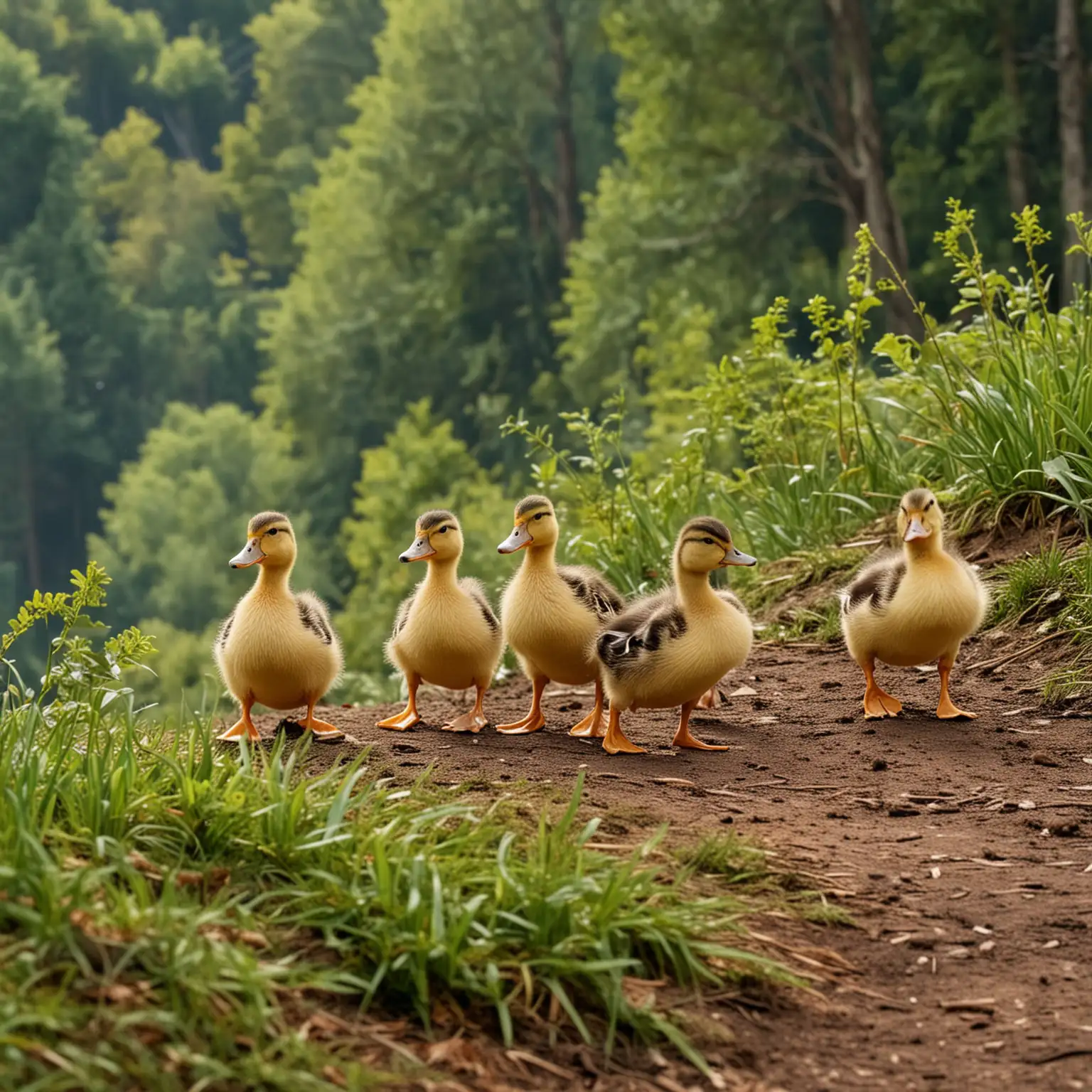 five little ducks walking up a hill with a forest in the background 