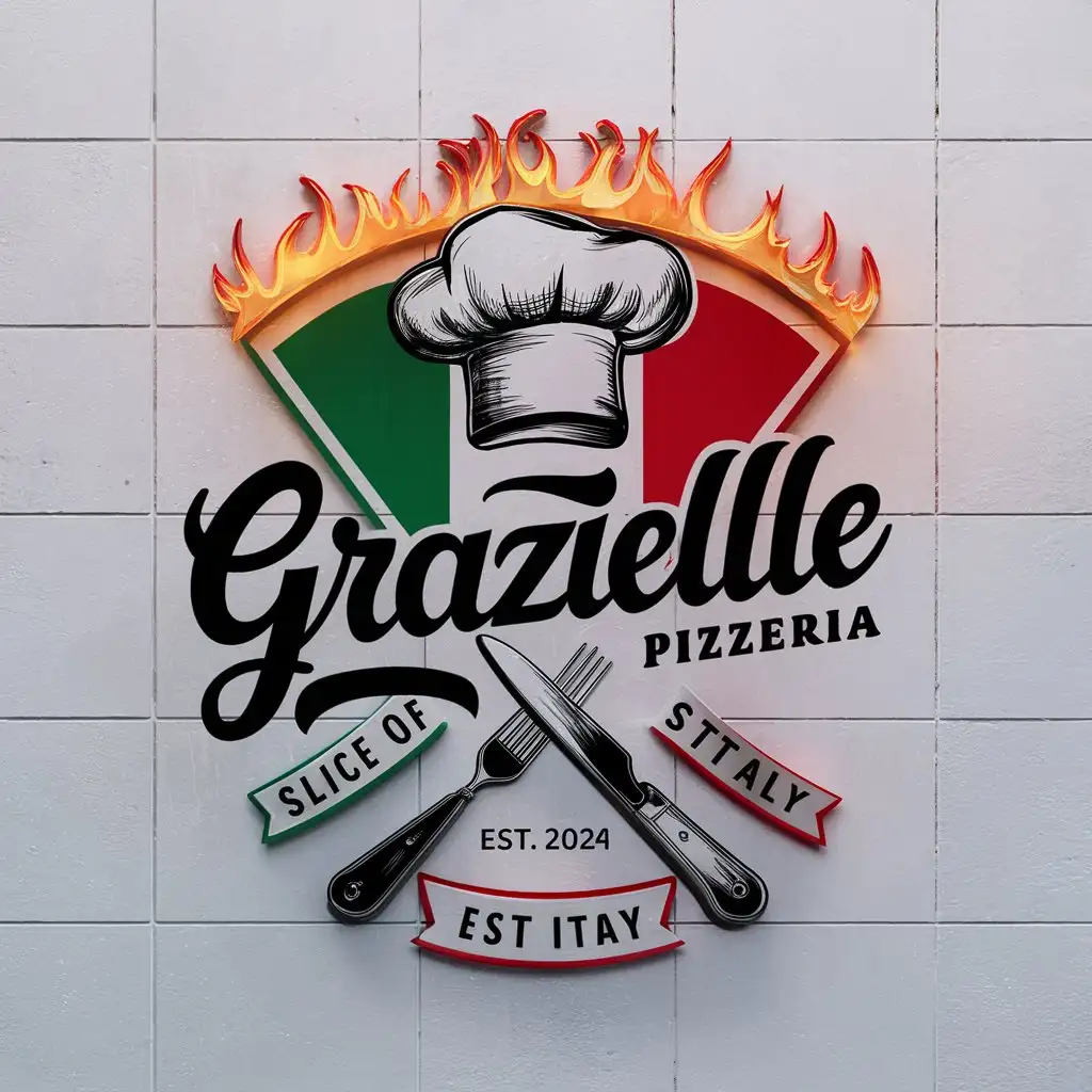 GRAZIELLA Pizzeria logo, Italian colors, Crossed knife and fork, Sketched Chef's Hat, Slogan, Slice of Italy, EST 2024, White background, Unique Flaming decoration