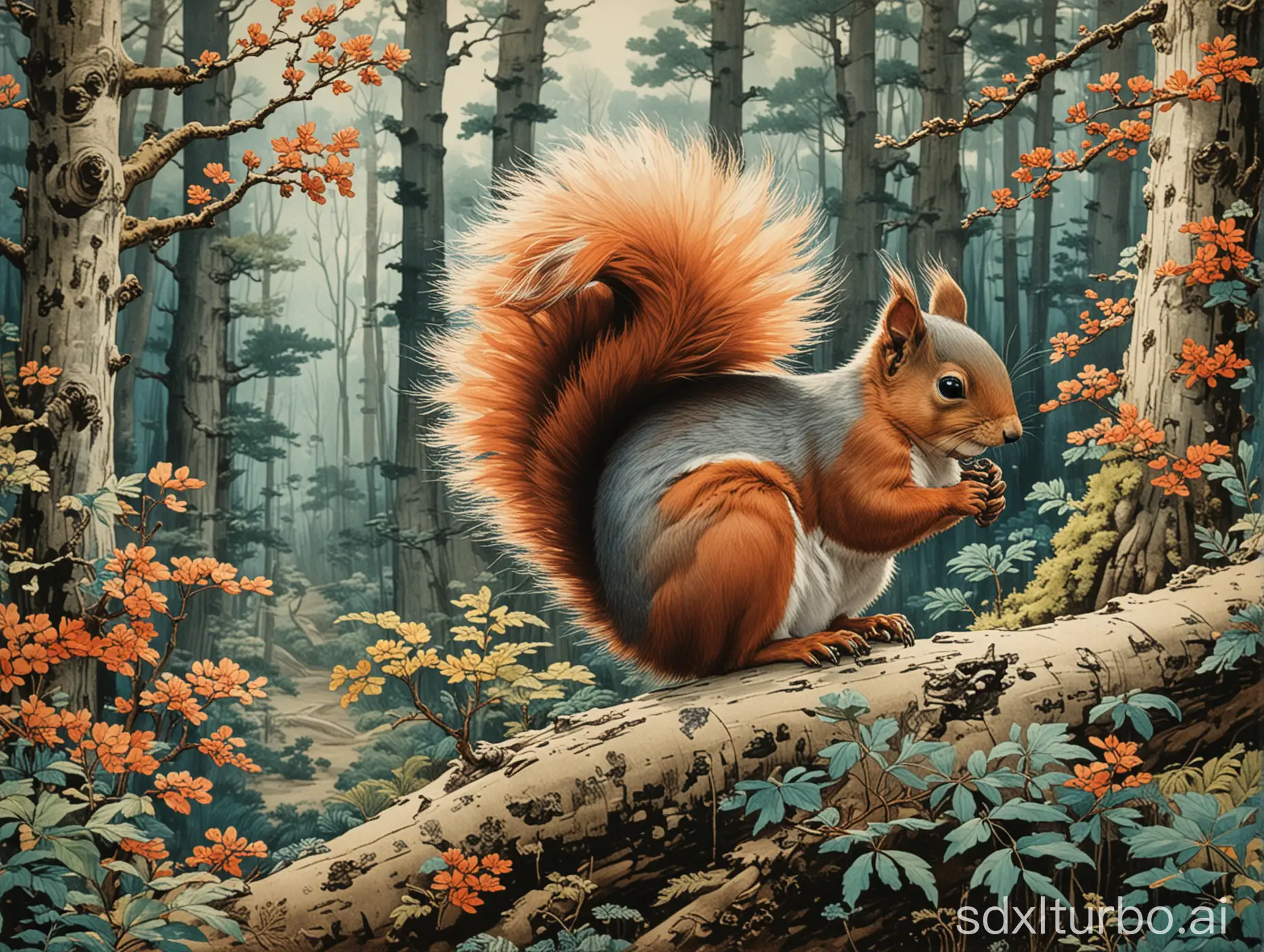 Colorful-Forest-Squirrel-in-Katsushika-Hokusai-Style