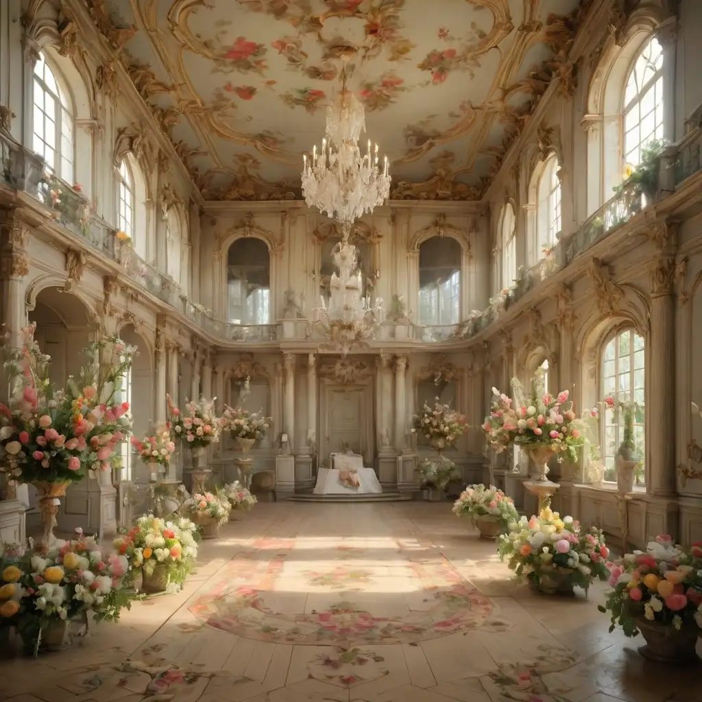  rococo era English  yard 18th century summer ball large hall decorated with beautiful summer flowers natural light grandiose 