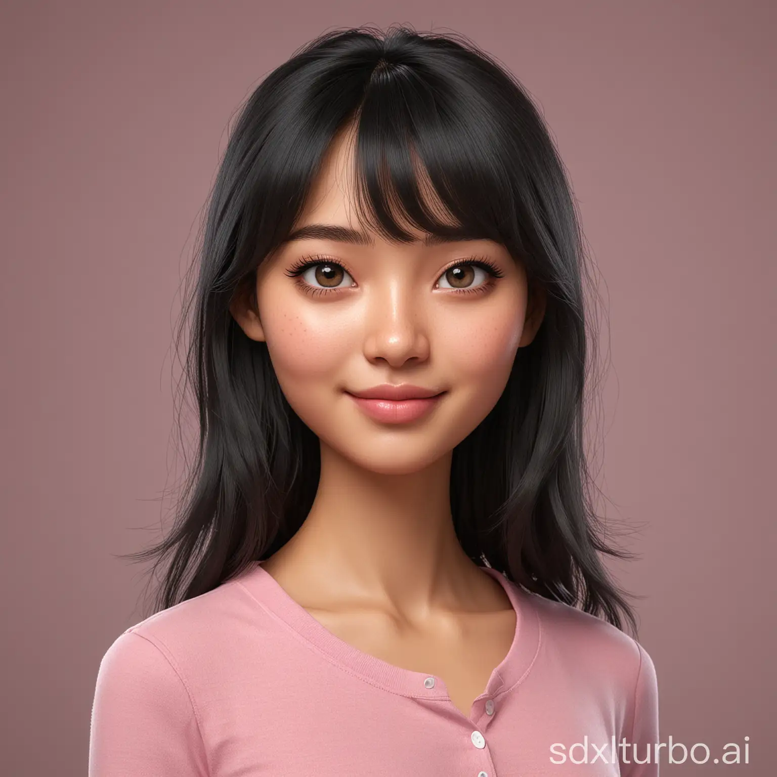 Beautiful-25YearOld-Indonesian-Woman-with-Long-Black-Hair-in-Pink-Shirt-3D-Cartoon-Style-Portrait