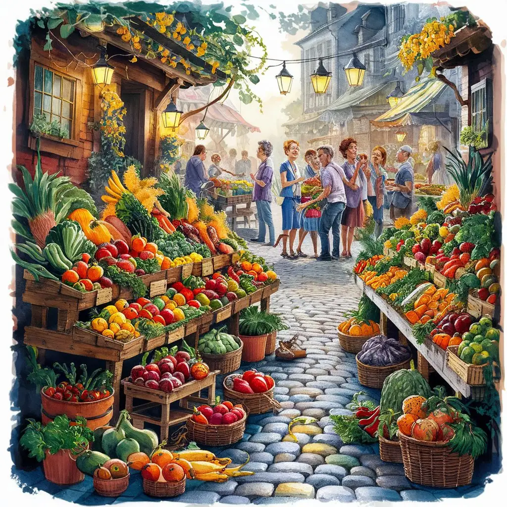 A watercolor painting of a busy farmer's market with fresh produce.