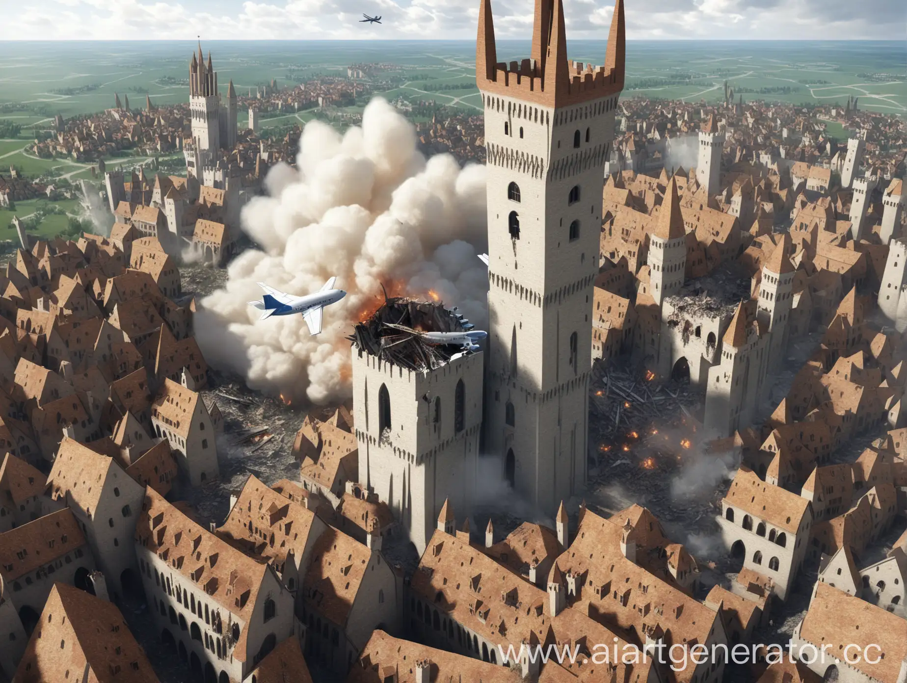 Modern-Plane-Crashes-into-Medieval-City-Tower-Catastrophic-Collision-Scene