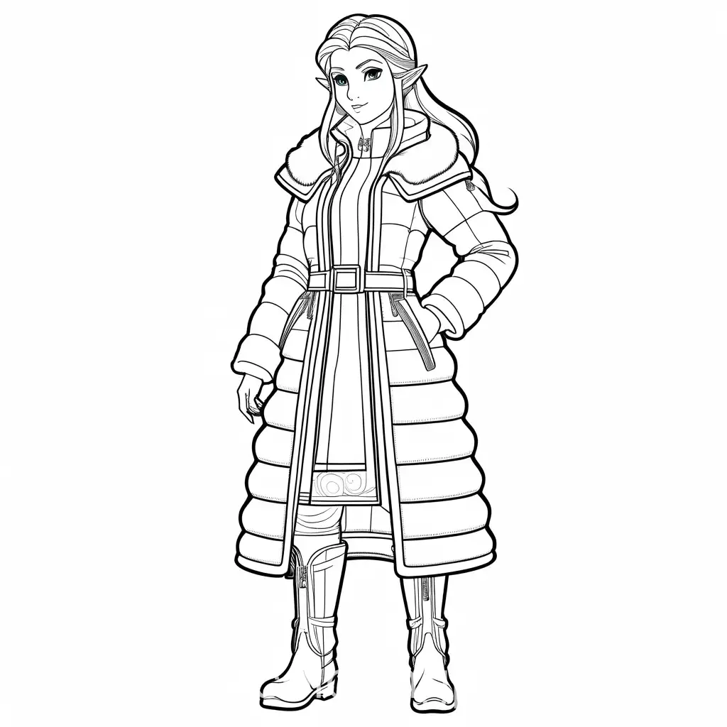 Princess Zelda from botw with Long Hair in a belted Main fitting Puffer moncler Downjacket with für collar and leather Boots, Coloring Page, black and white, line art, white background, Simplicity, Ample White Space. The background of the coloring page is plain white to make it easy for young children to color within the lines. The outlines of all the subjects are easy to distinguish, making it simple for kids to color without too much difficulty