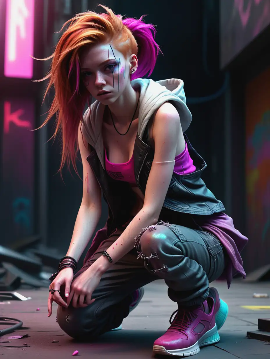 hyper-realistic character, action view of a cyberpunk style fitted ginger girl, with iridescent hairstyle, a faded tube top and tattered long vest with Hood, faded fushia harem pants, sneaker shoes, facing camera, dynamic landing kneeling pose, one hand touching the ground, dark angelic scene, cluttered dark moody, a mesmerizing blend of light and shadow, ultra unique natural textures, vray