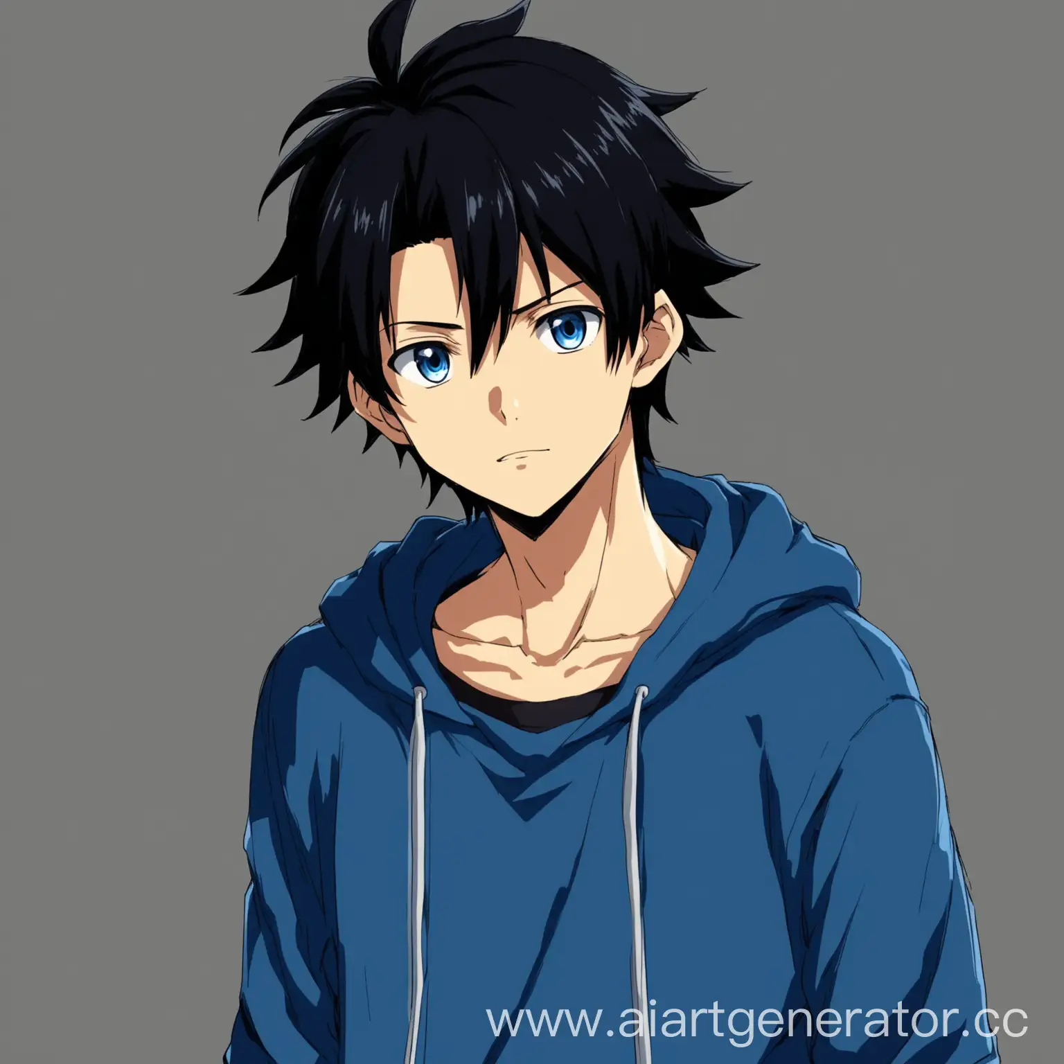 Нарисуй персонажа, главного героя для аниме. Сделай чтобы ему на вид было 16 лет, костюм у него синий Волосы черного цвета. Пол мужской