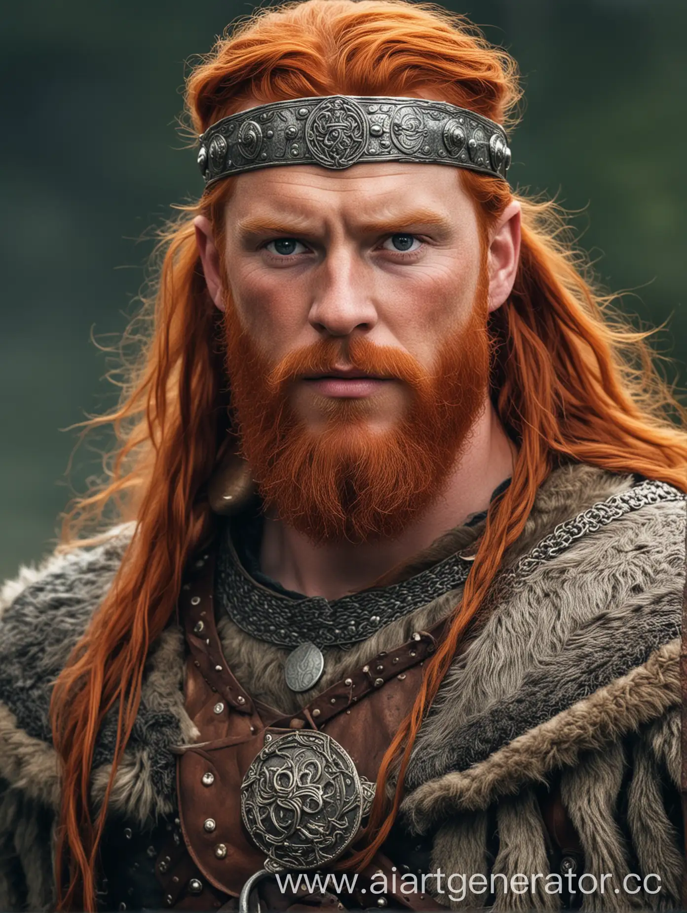 Конунг, рыжий могучий викинг, в богатой одежде.