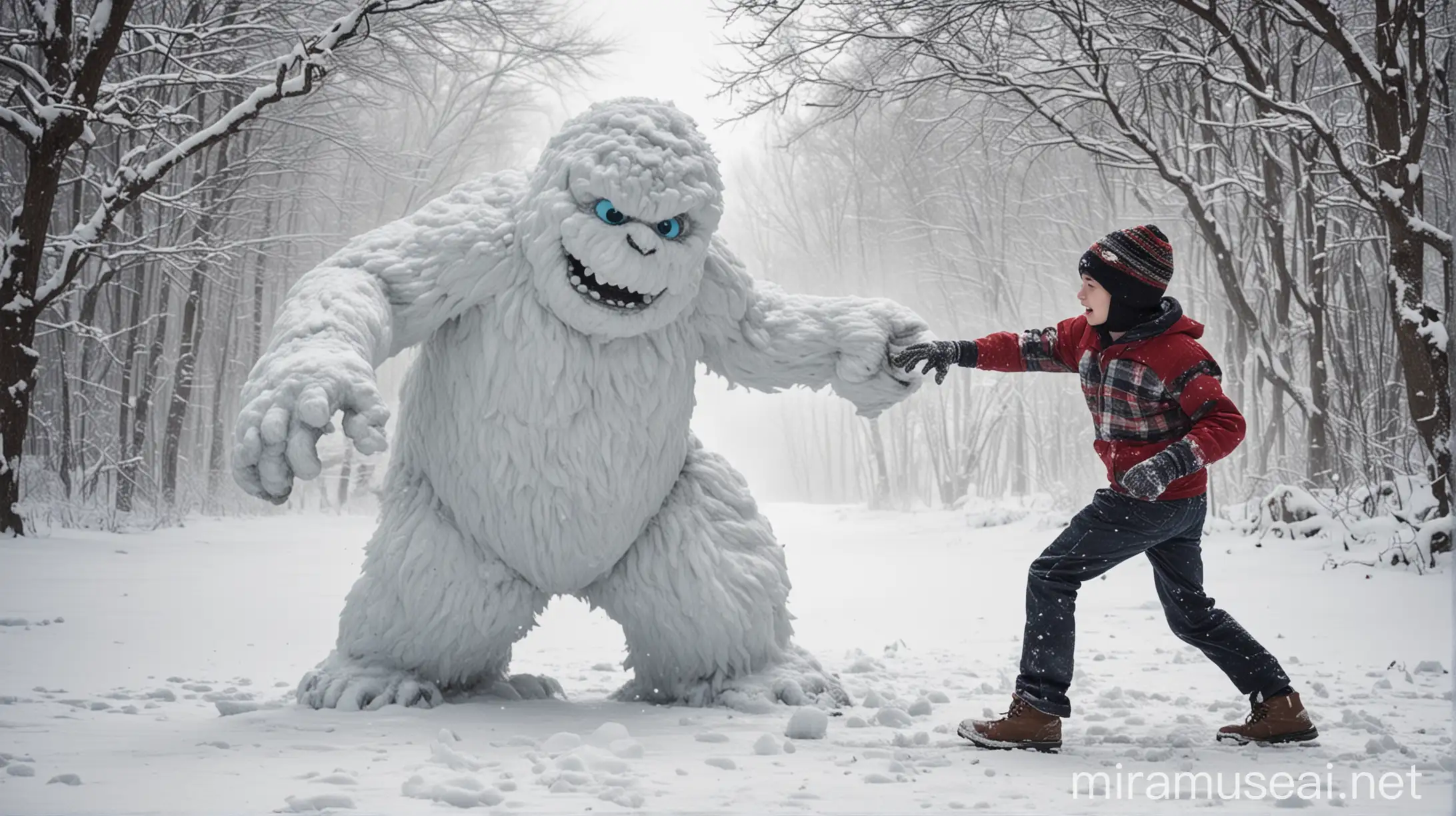 Brave Boy Battling a Snow Monster in Winter Wonderland