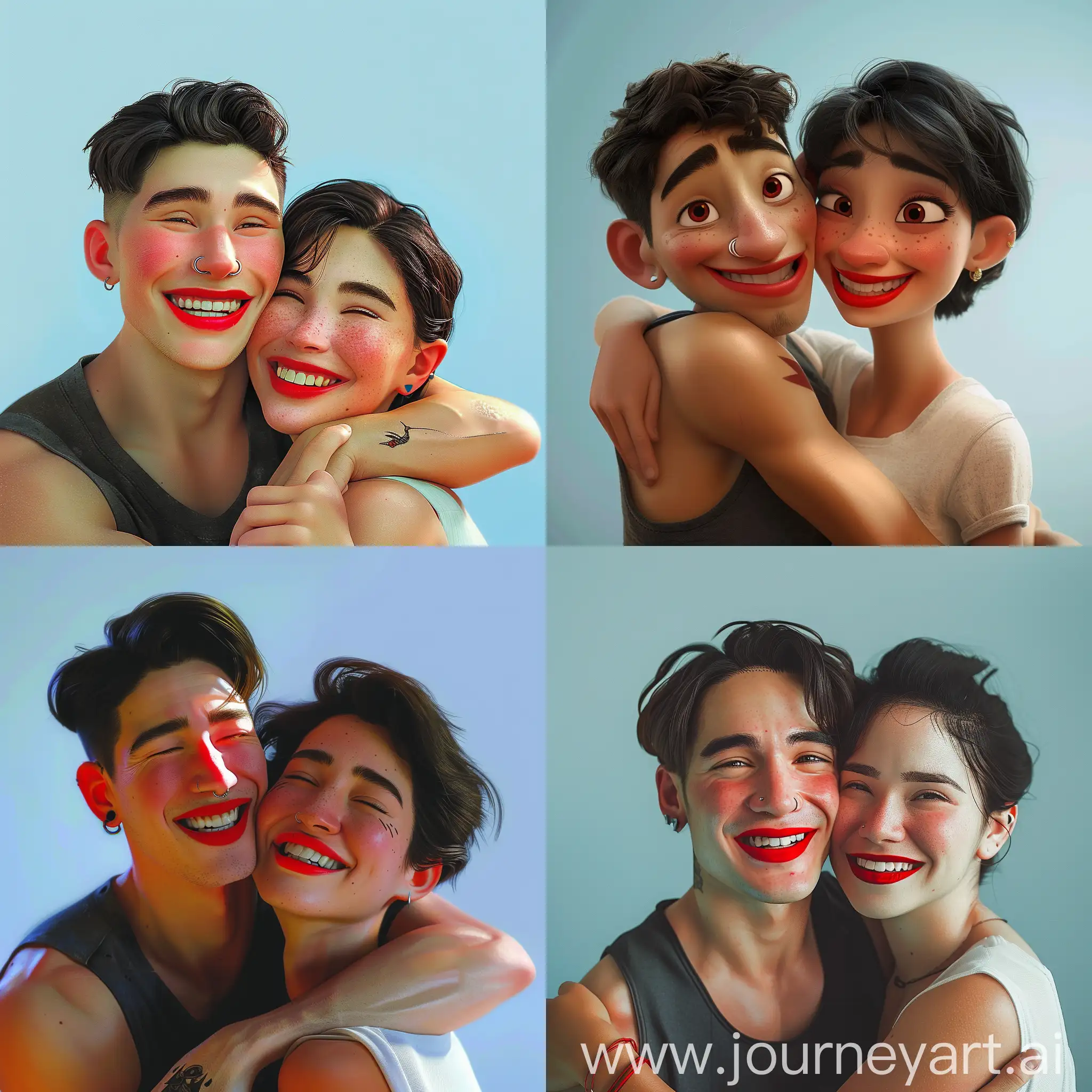 Scene from Pixar cartoon movie Two people are hugging, smiling at the camera. On the left, a young man with short, dark hair, a rectangular-shaped head, and a defined jawline is wearing red lipstick. He has a nose ring, an earring in his right ear, and is dressed in a dark gray tank top. On the right, a woman with dark hair highlighted with some lighter streaks is also wearing red lipstick. She has small earrings and is dressed in a plain white T-shirt. The background of the image is light blue, and both characters are smiling broadly, conveying a sense of joy and affection.scene from Pixar cartoon movie