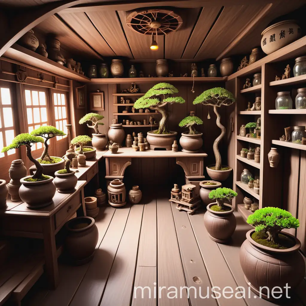 Small fantasy room of a wooden exploration ship dated from 1600 with bonsai trees, a lot of different types of plants, and many random jars of dirt inside the room. The room should look very full. Must include a single bed.