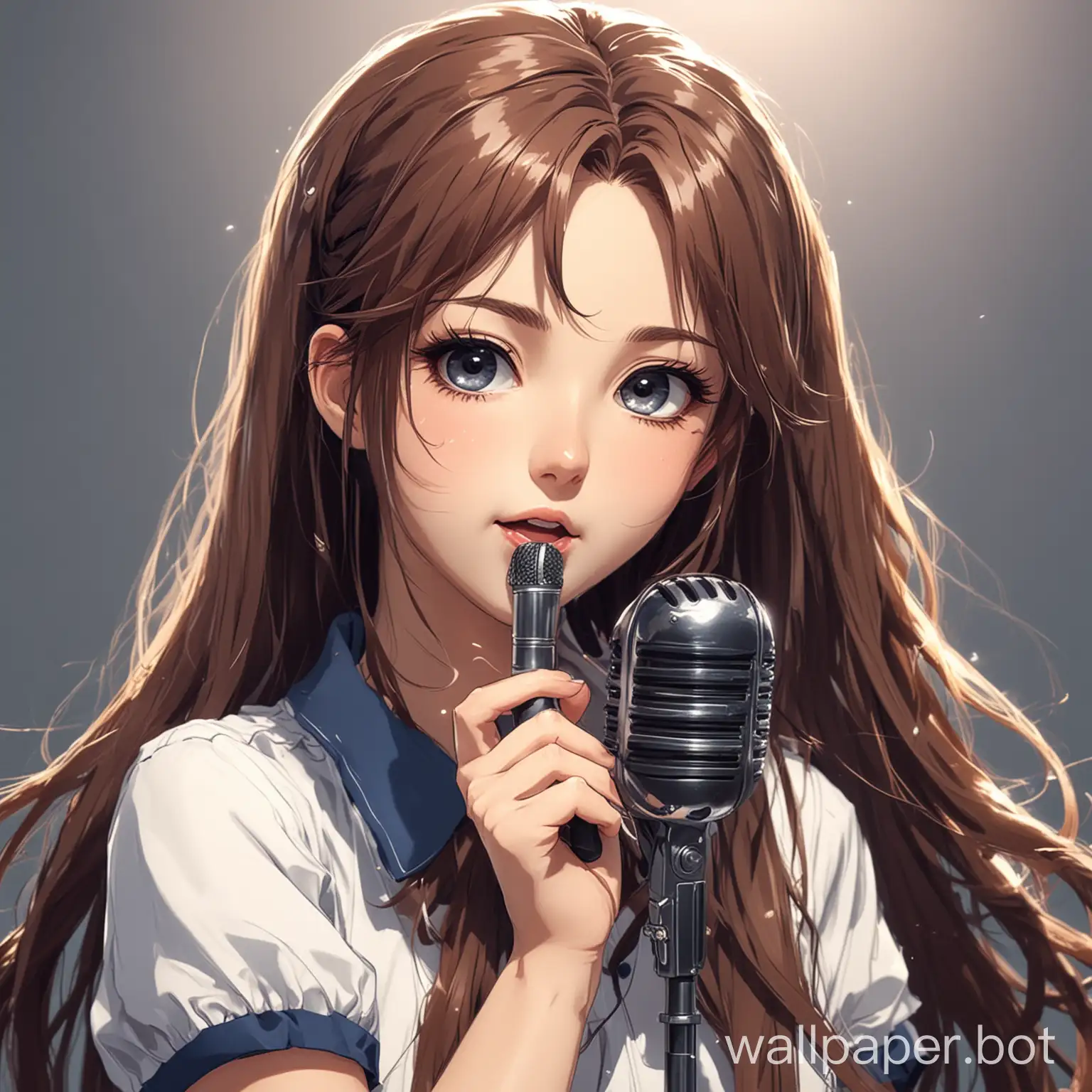 girl with microphone, long hair, anime style