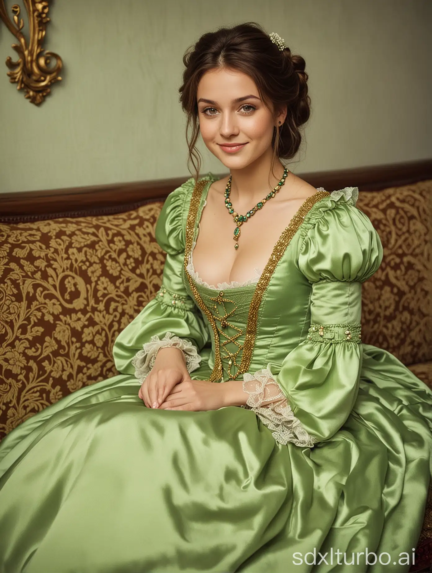 Medieval-Girl-in-Intricate-Victorian-Dress-Smiling-on-Sofa