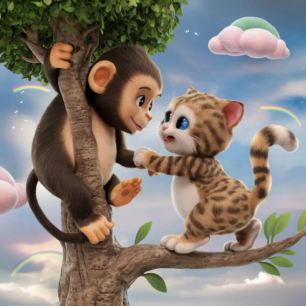 Adorable 3D Monkey Bear and Cat at the Zoo under a Beautiful Sky