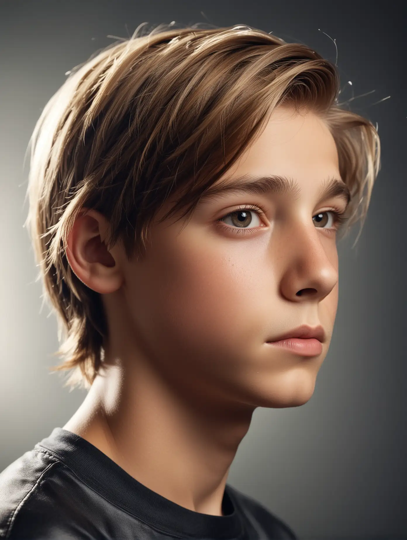 Hyper realistic photo of thirteen year old boy, close up smooth, shiny hair, parted on side, profile view, bright light overhead,  