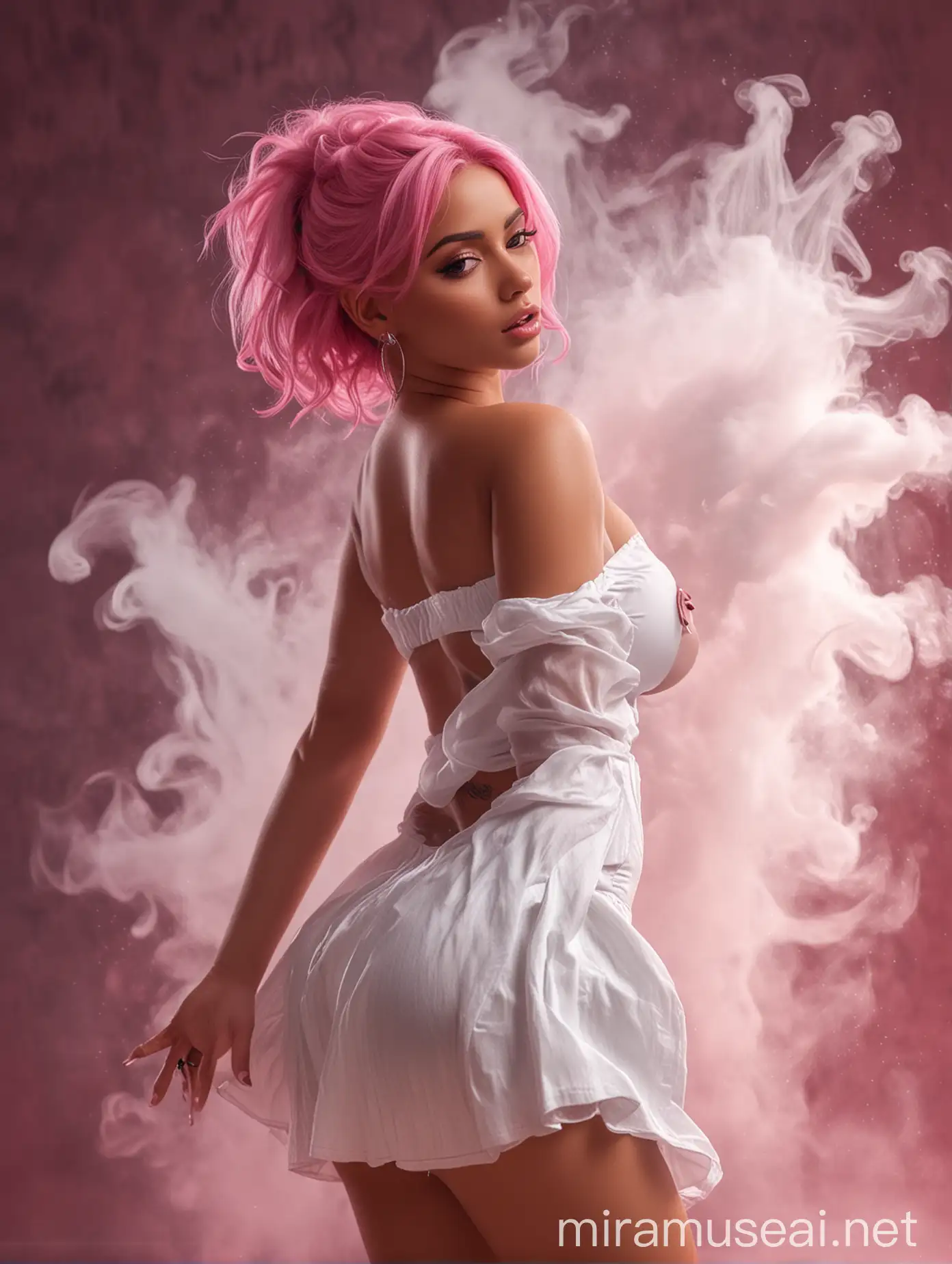 ULTRA REALISTIC high definition, seductive tan skin thick curvy latin woman, with white pink hair, wearing a small white dress, dancing, in thick white smoke with pink and teal color highlights