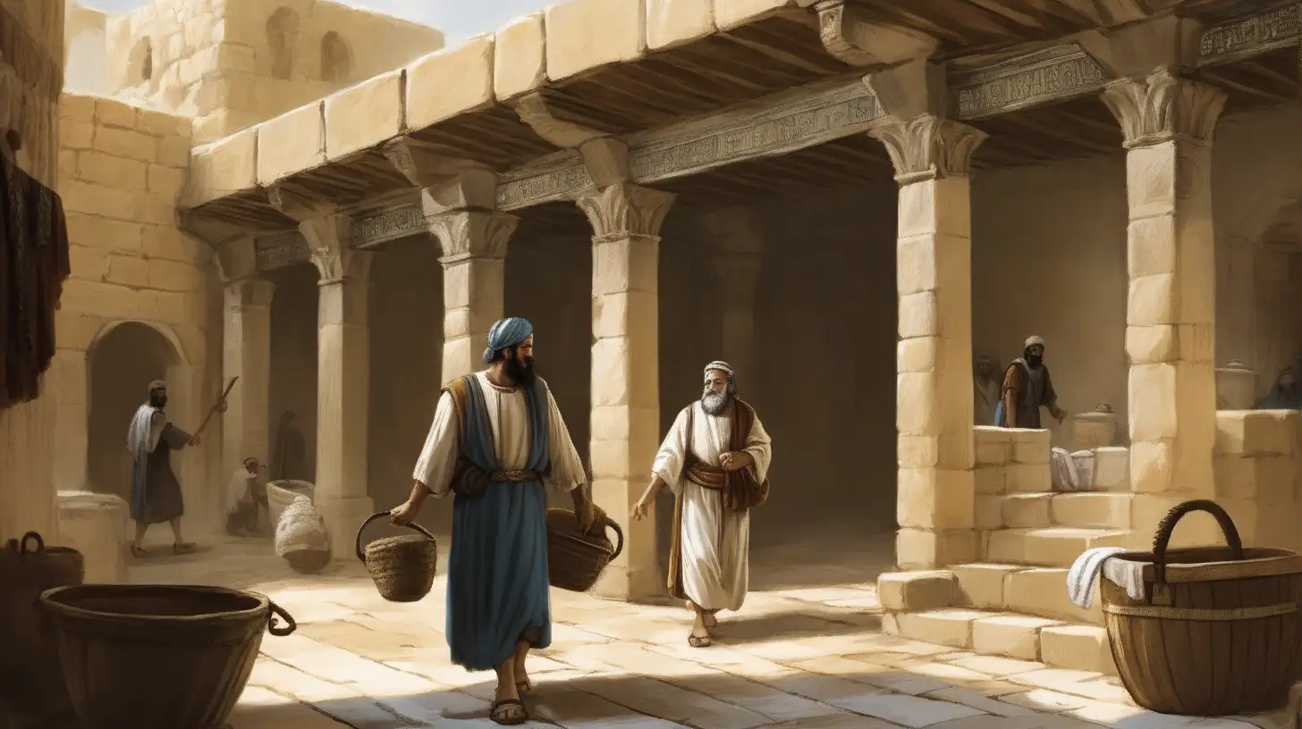biblical epoch, a Hebrew servant walks before his master in an ancient public bath, the servant carries in his hands the belongings for his master's bath
