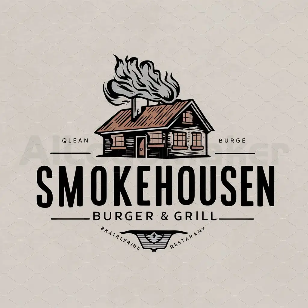 a logo design,with the text "SMOKEHOUSEnBURGER & GRILL", main symbol:slogan of a restaurant in the shape of a burning house with smoke,complex,clear background