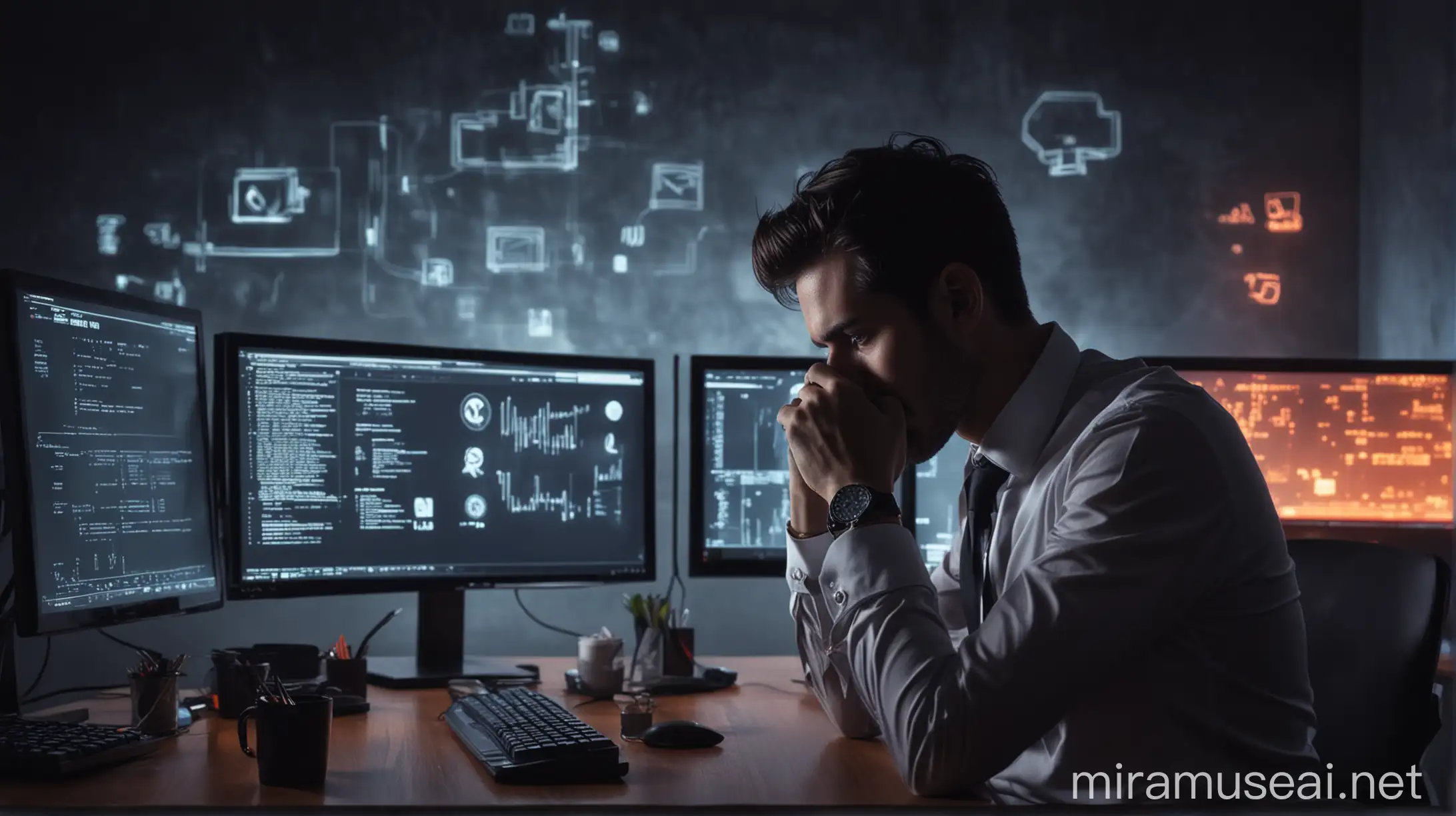 a man with formal clothes sitting infront of computer setup, trading icon in computer screen, feeling stress and depress, his hand on head,
 studio ambient, dark neon light, smoky dusty room , highly detailed, 4k