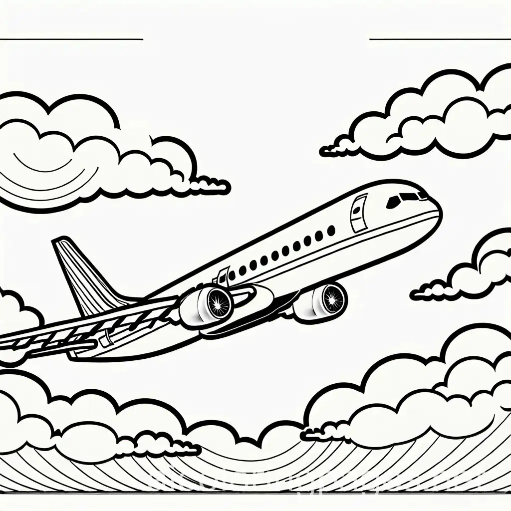 Aeroplane with clouds, Coloring Page, black and white, line art, white background, Simplicity, Ample White Space.