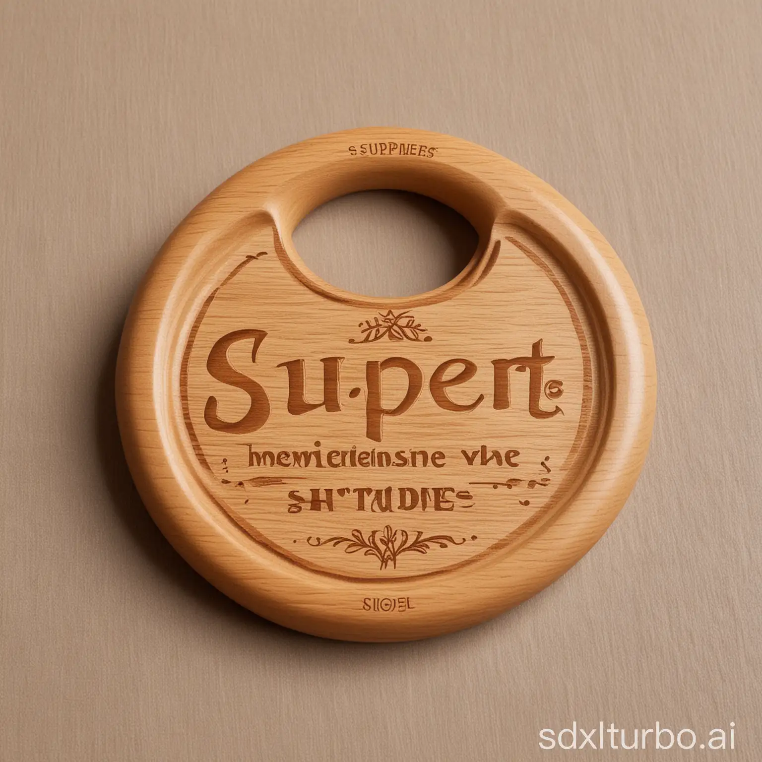 a wooden round handle, has a logo, written SUPPER, font square