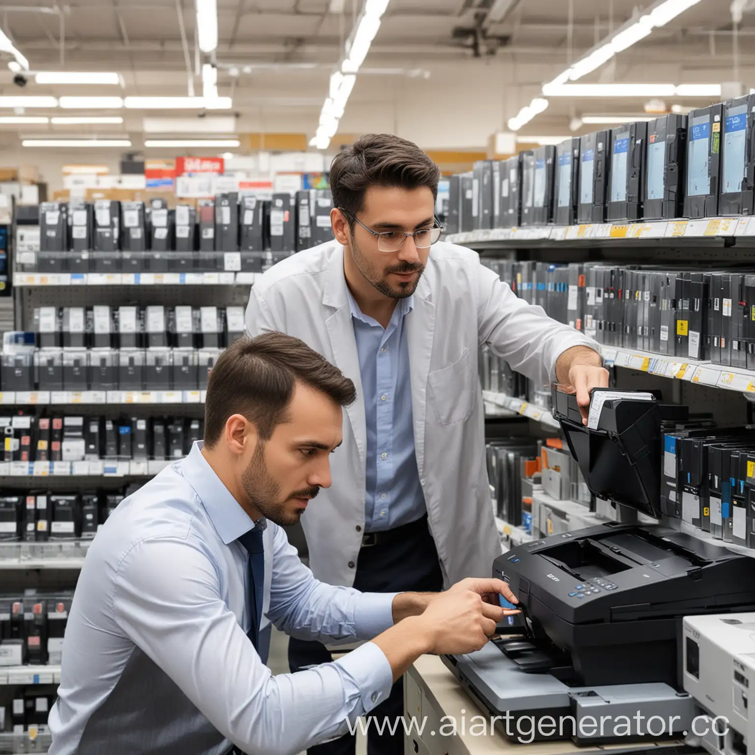 The man came to the computer hardware store and the salesman is helping with choosing a printer.