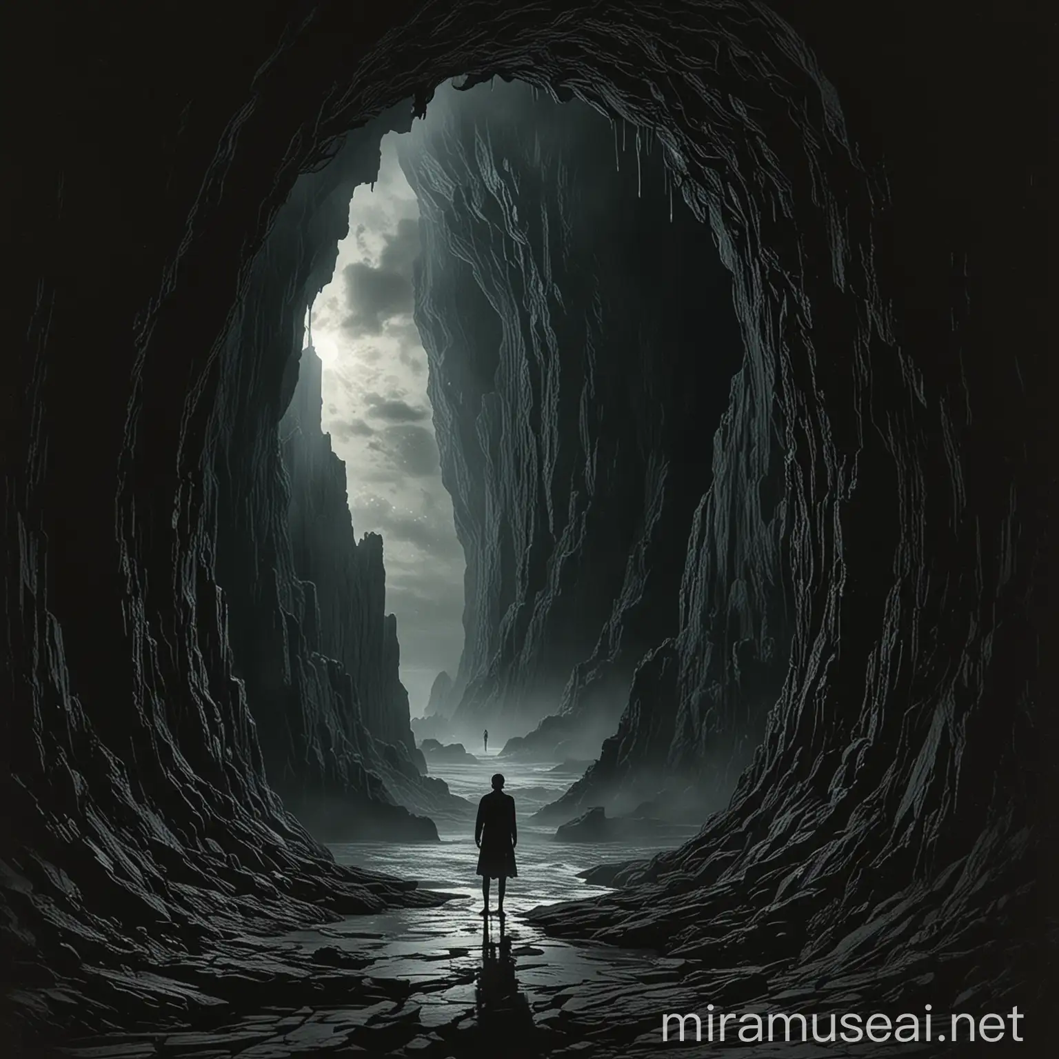 The album cover features a surrealistic scene where a shadowy figure stands at the edge of a cliff, staring out into a swirling vortex of light and darkness. The figure's reflection in the abyss below is distorted, symbolizing the complex themes of paradox, denial, and the contradictions of life and death.