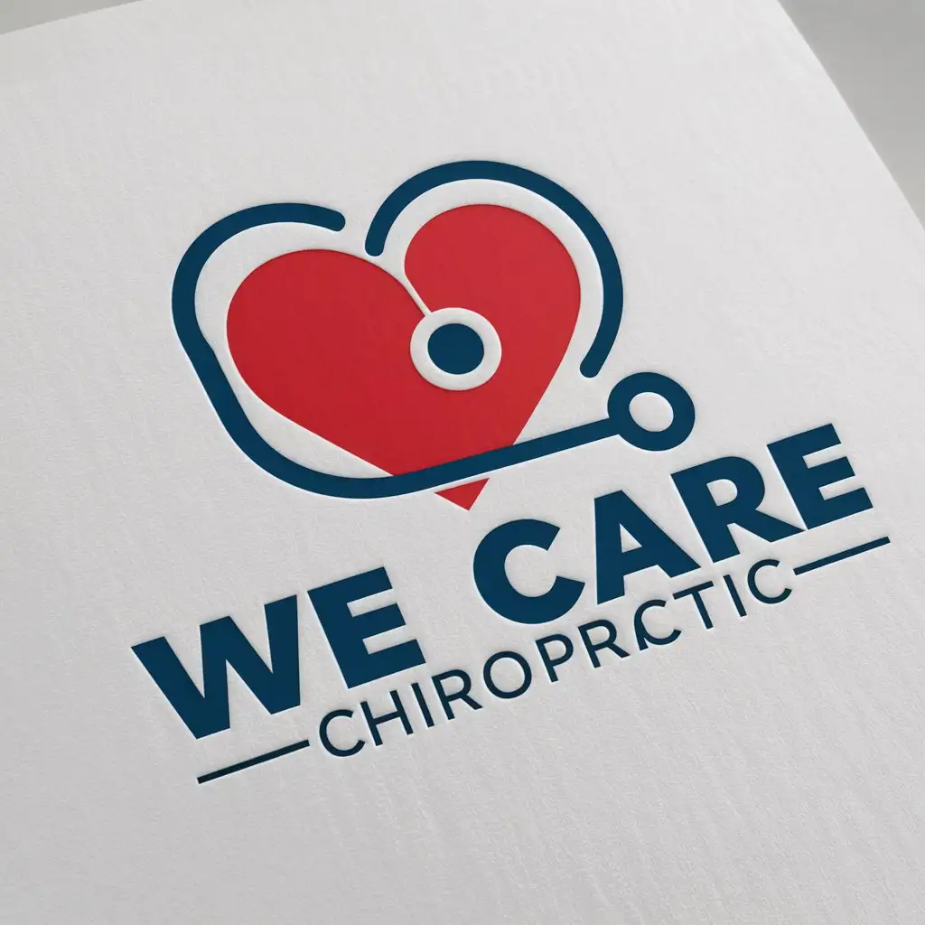 a logo design,with the text "we care'’’’chiropractic", main symbol:this logo should includes  a heart and health care theme . preferred color red and blue. muste be white paper background,Moderate,clear background