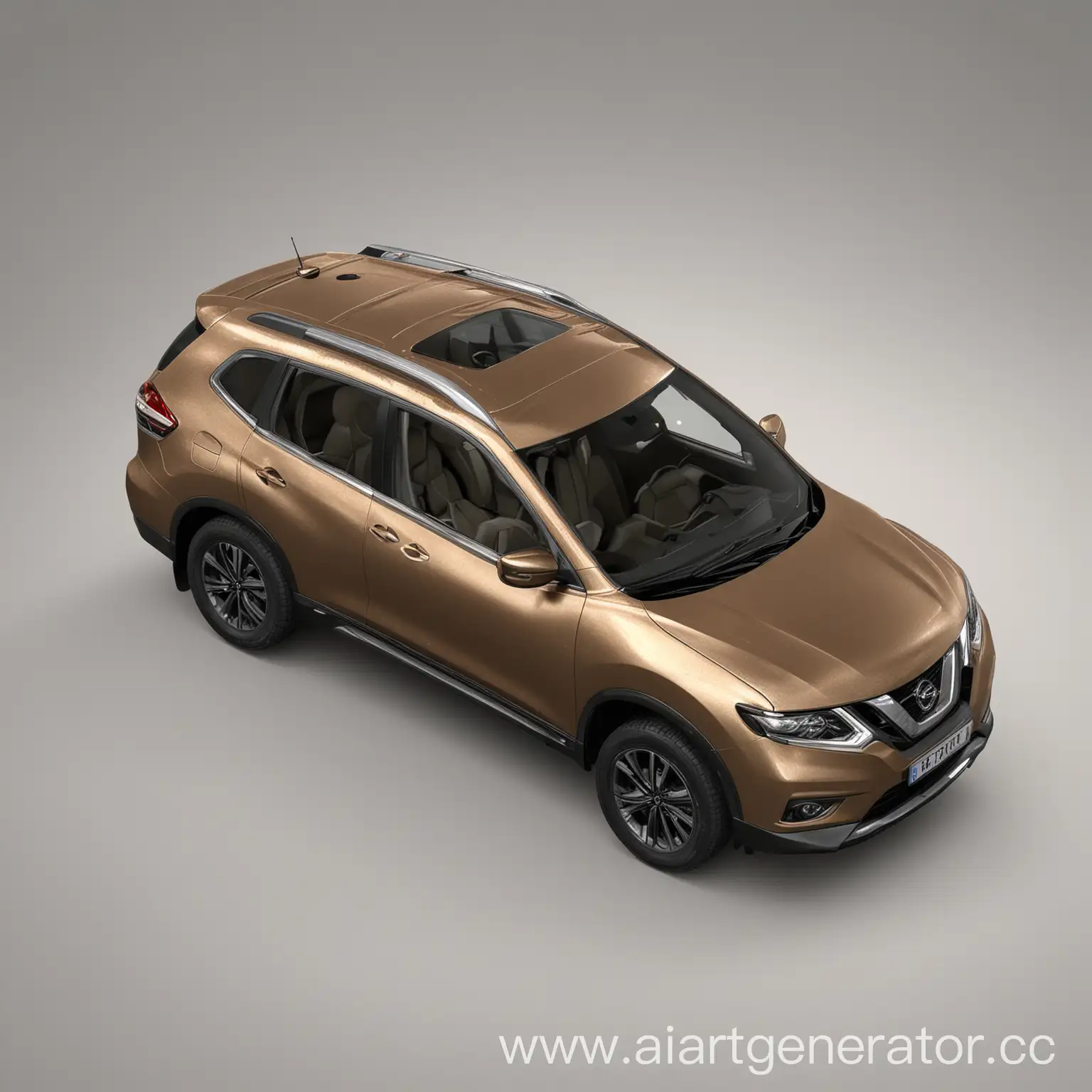 Сгенерирую примитивную 3-D модель Nissan X-Trail в бронзовых оттенках на прозрачном фоне. Ракурс немного снизу, в 3/4