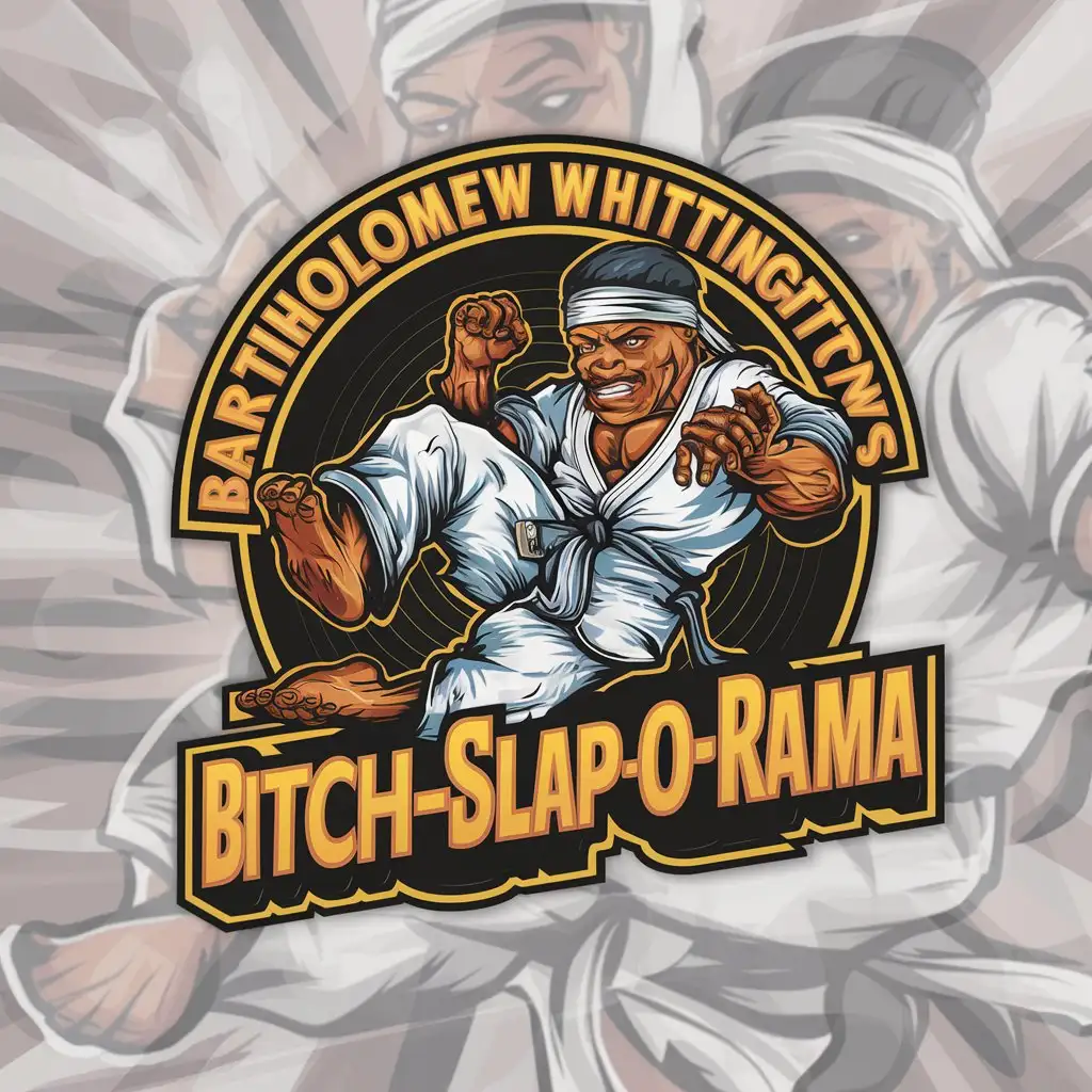 a logo design,with the text "Bartholomew Whittington's Bitchslap-o-rama", main symbol:Old black man wearing a karate suit with headband doing kung fu, muscles, sweaty, in the style of a 90s rap album cover,complex,be used in Beauty Spa industry,clear background