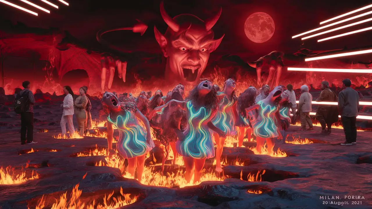 Spectacular Photorealistic Hell Scene with Glowing Fire Dresses and Devil Figures