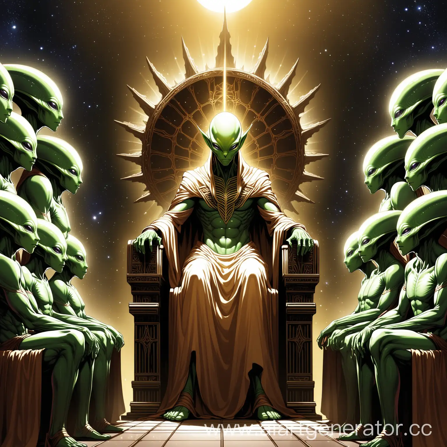 Бог всех инопланетных рас сидит на троне и все ему поклоняются 
