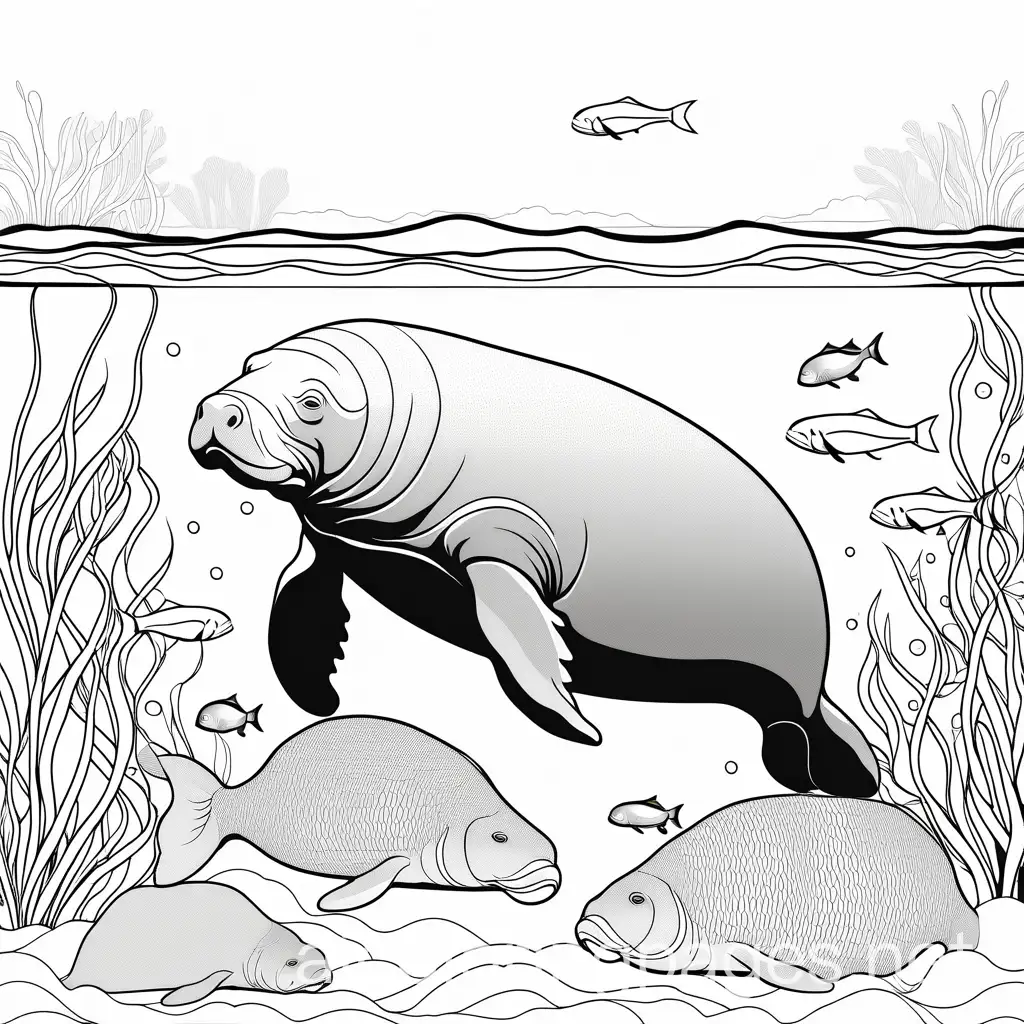 A manatee swimming peacefully in a clear lagoon with fish and coral, Coloring Page, black and white, line art, white background, Simplicity, Ample White Space. The background of the coloring page is plain white to make it easy for young children to color within the lines. The outlines of all the subjects are easy to distinguish, making it simple for kids to color without too much difficulty