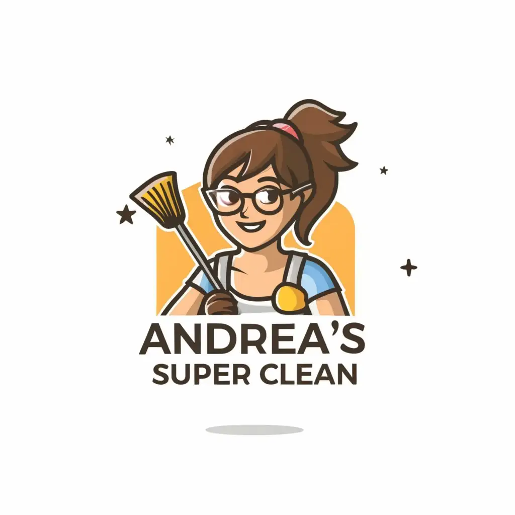 a logo design,with the text "Andrea's Super Clean", main symbol:Female house cleaner with a broom in one hand over her shoulder wearing glasses with her hair in a ponytail and winking with one eye,Minimalistic,be used in Others industry,clear background