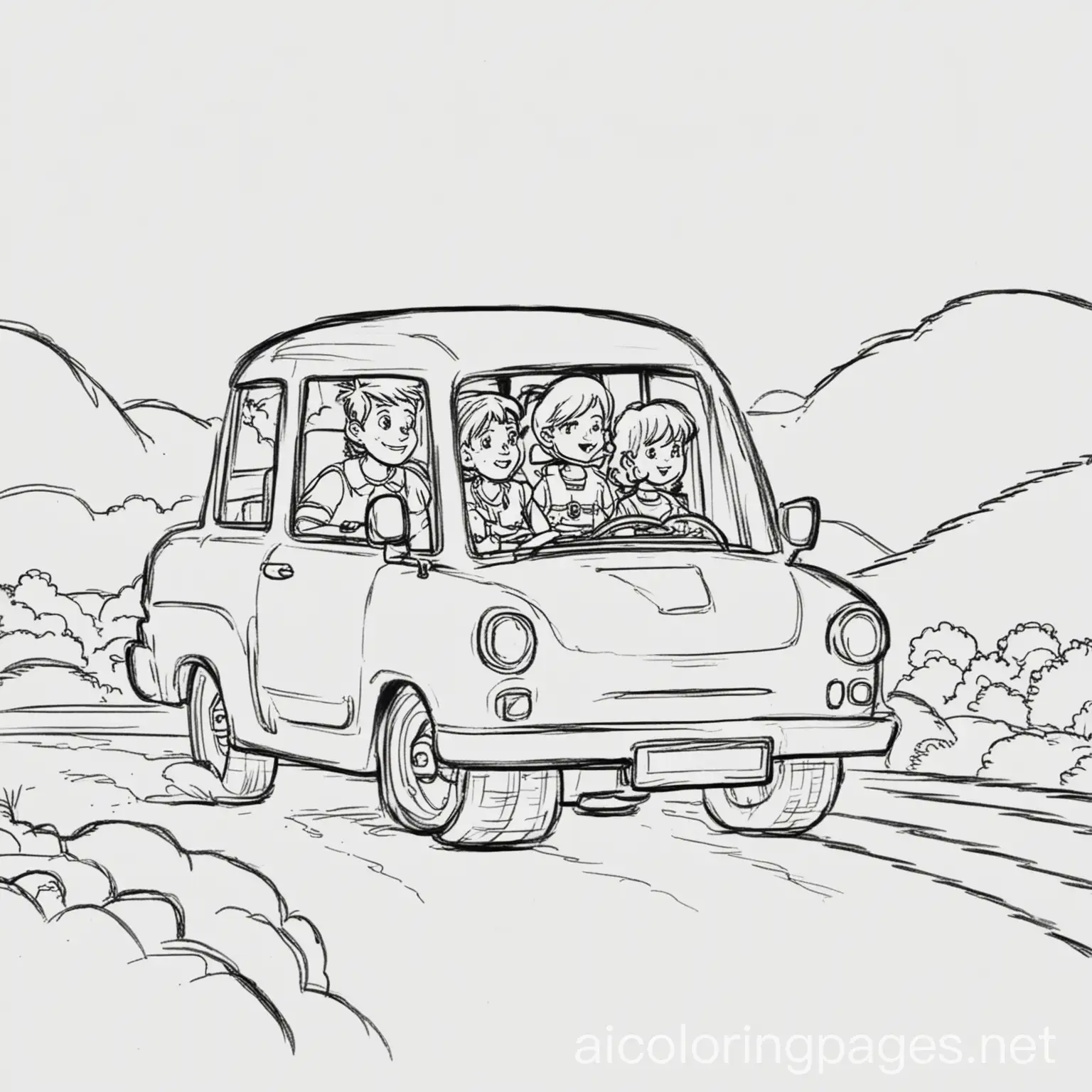 Family on a road trip in a car, Coloring Page, black and white, line art, white background, Simplicity, Ample White Space. The background of the coloring page is plain white to make it easy for young children to color within the lines. The outlines of all the subjects are easy to distinguish, making it simple for kids to color without too much difficulty