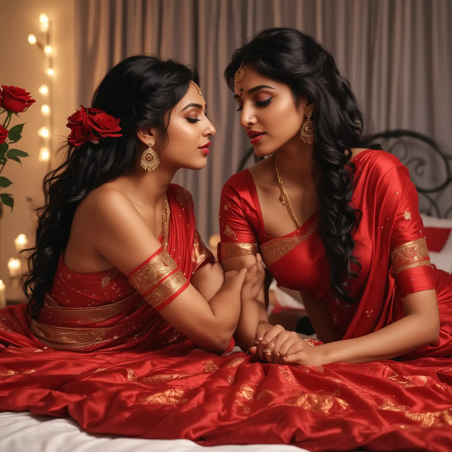 Indian two beautiful girls , best makeup, wearing red saree , black hairs, (sensuously seducing trying to kiss ) on bedroom candle light ,red roses on bed,ultra realistic,portrait picture in 4k resolution