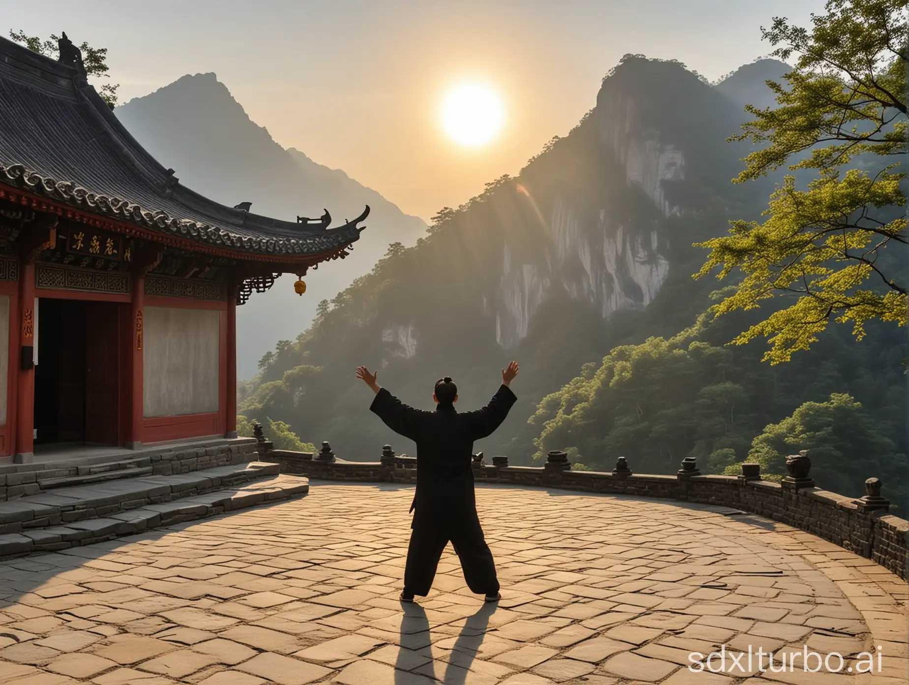 a big sun and a Taoist practicing Qi gong in front of a Taoist temple on Mount Wudang