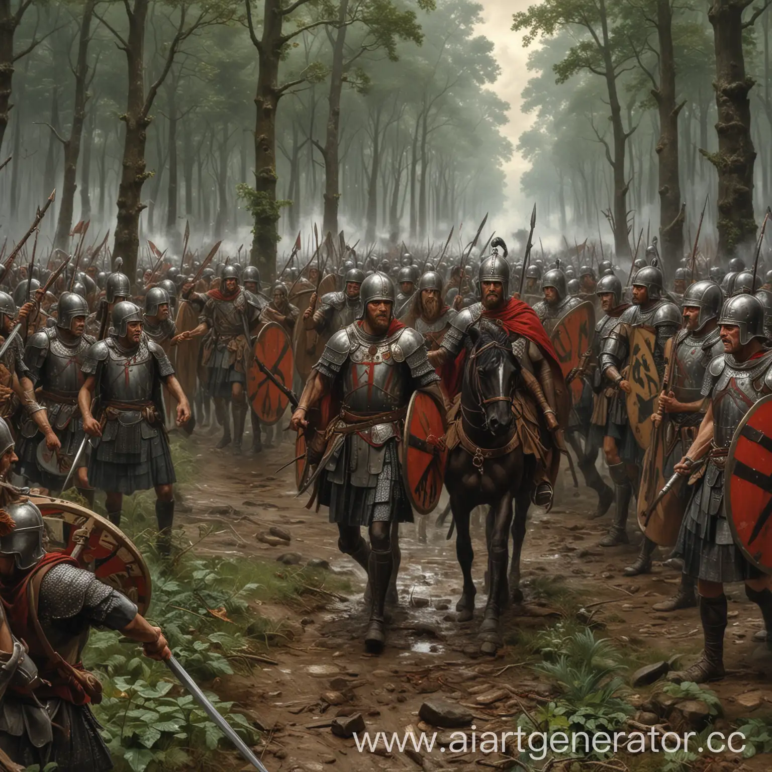 Квинтилий вар ведет свои легионы через тевтобургский лес в грозу и его атакуют дикие германцы