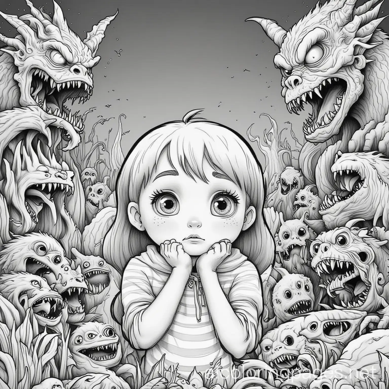 scared girl hiding from monsters, Coloring Page, black and white, line art, white background, Simplicity, Ample White Space. The background of the coloring page is plain white to make it easy for young children to color within the lines. The outlines of all the subjects are easy to distinguish, making it simple for kids to color without too much difficulty