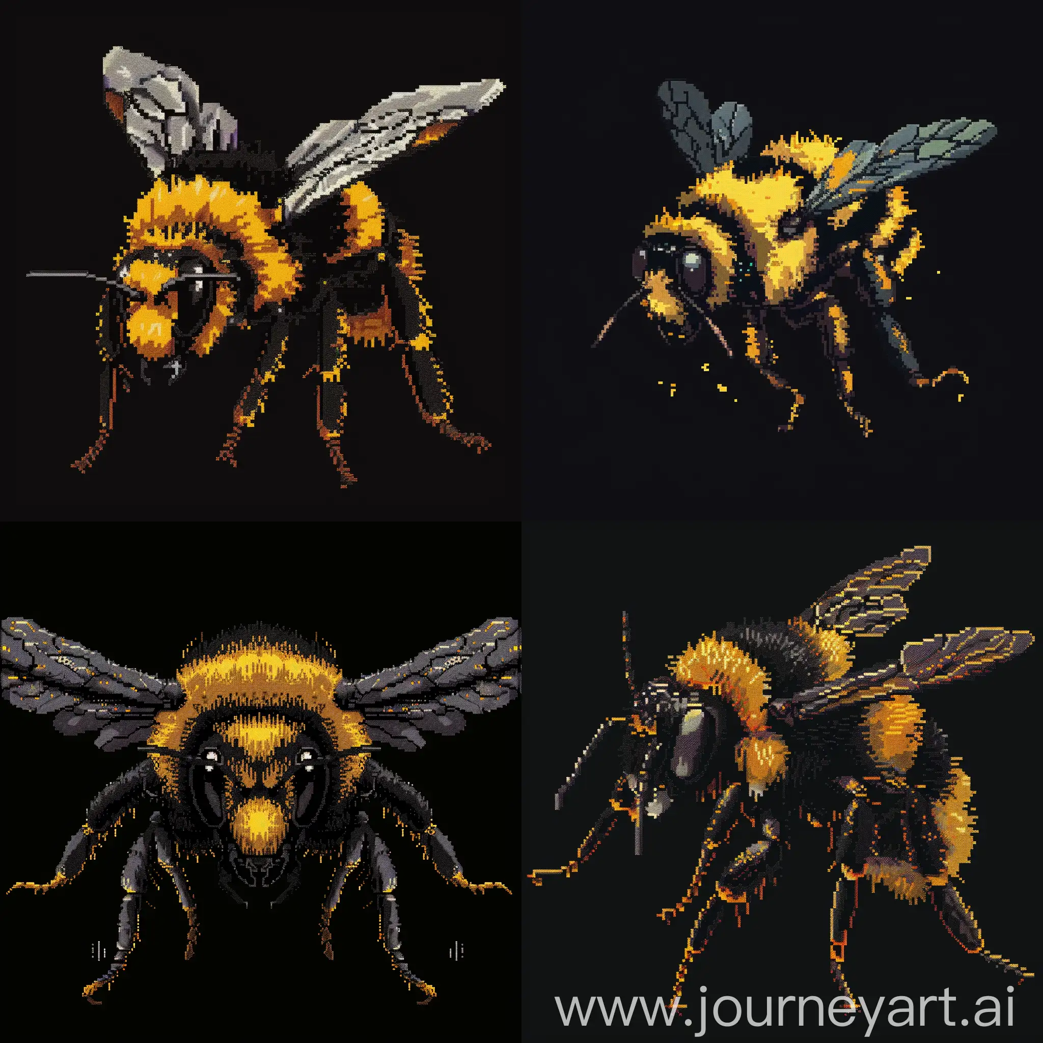  bumblebee pixel art, background all black, horror style, Says hi
