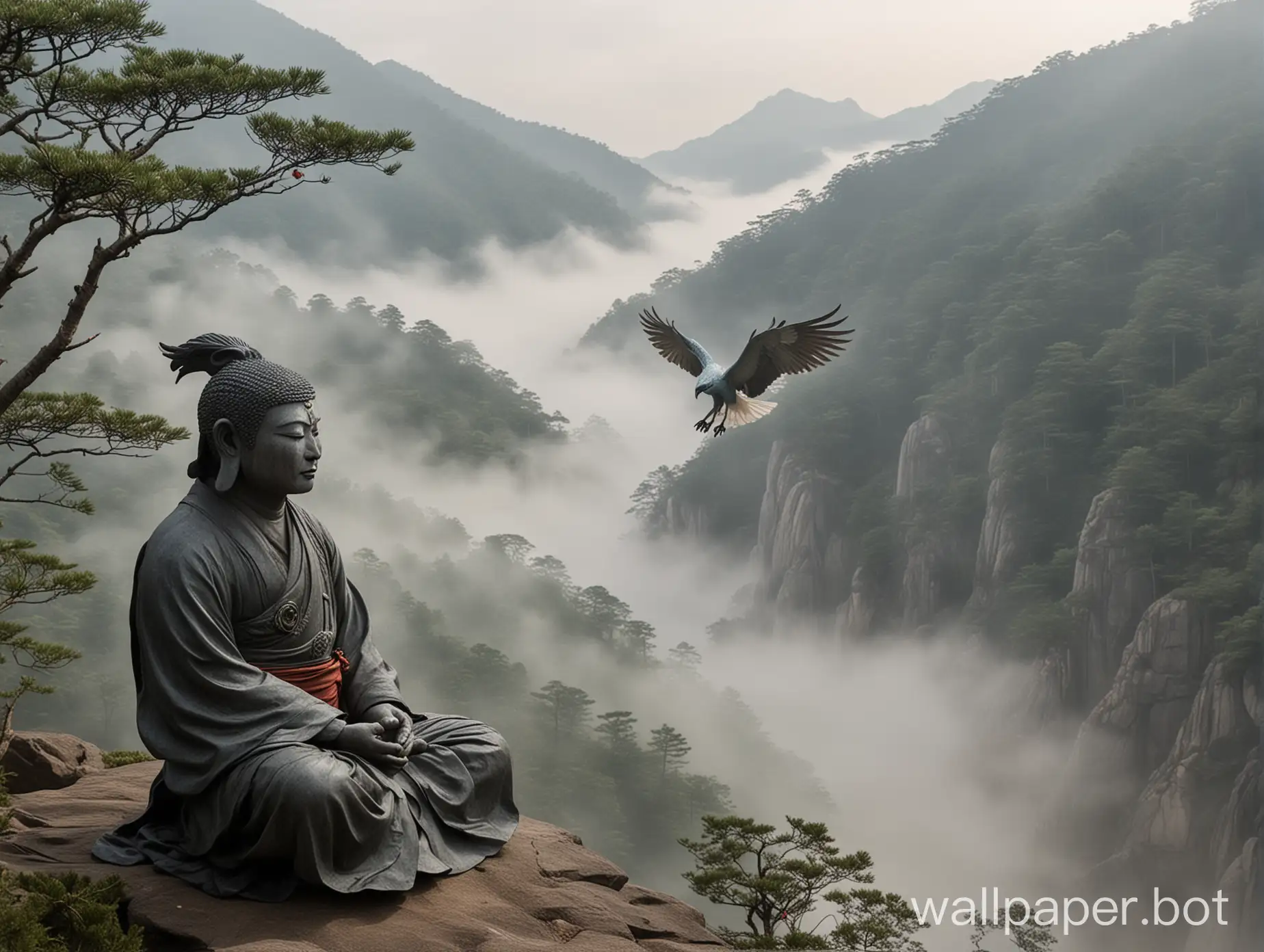 garuda bird large in Korean misty mountains AND meditating zen monk Kodo Sawaki AND greenpeace activist