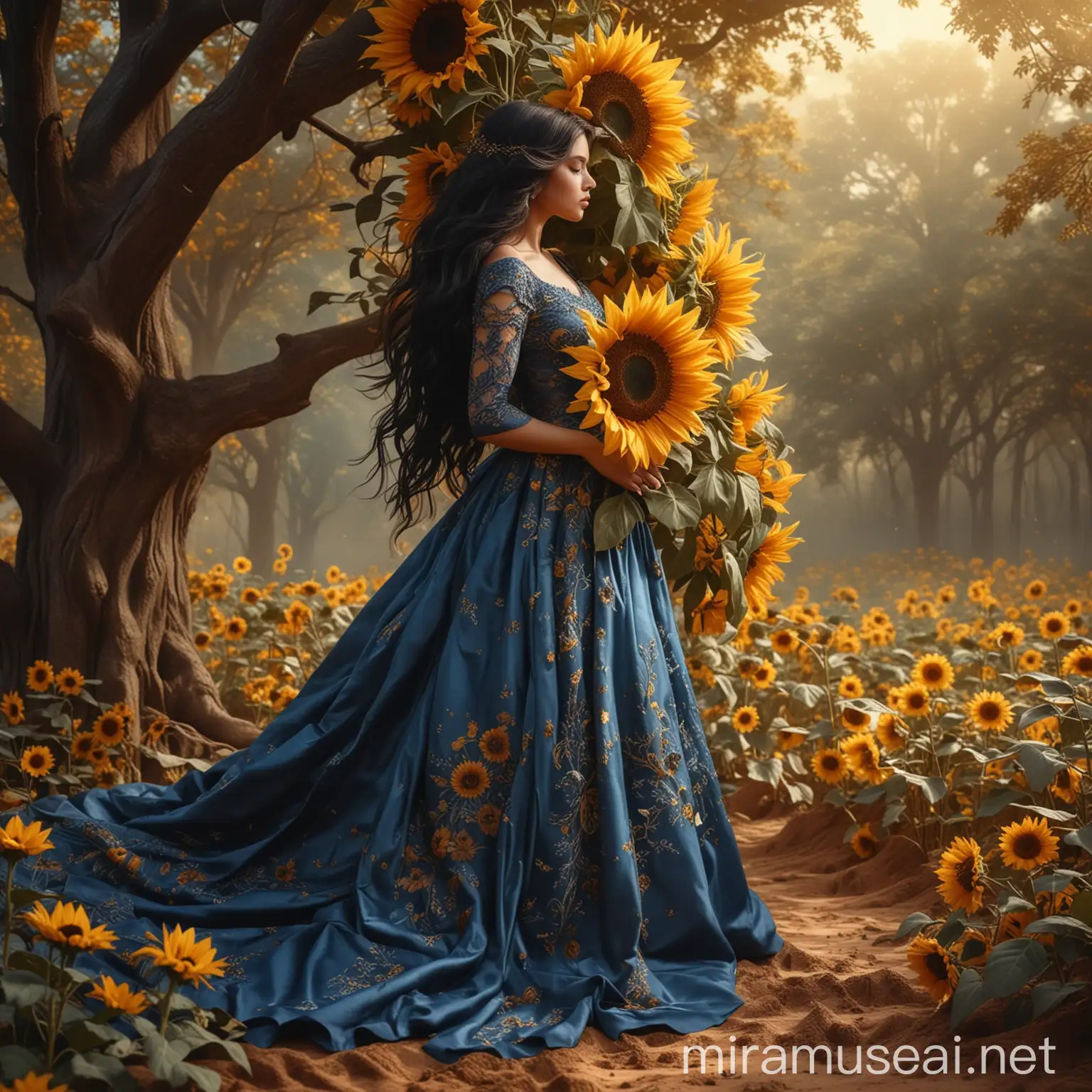 A beautiful woman, holding a big sunflower, hiding her face with it, standing up on brown dust. Long wavy black hair. Long elegant blue wedding dress, highly detailed, haute couture. Background golden floral big tree. 8k, fantasy, digital art, illustration art, fantasy style
