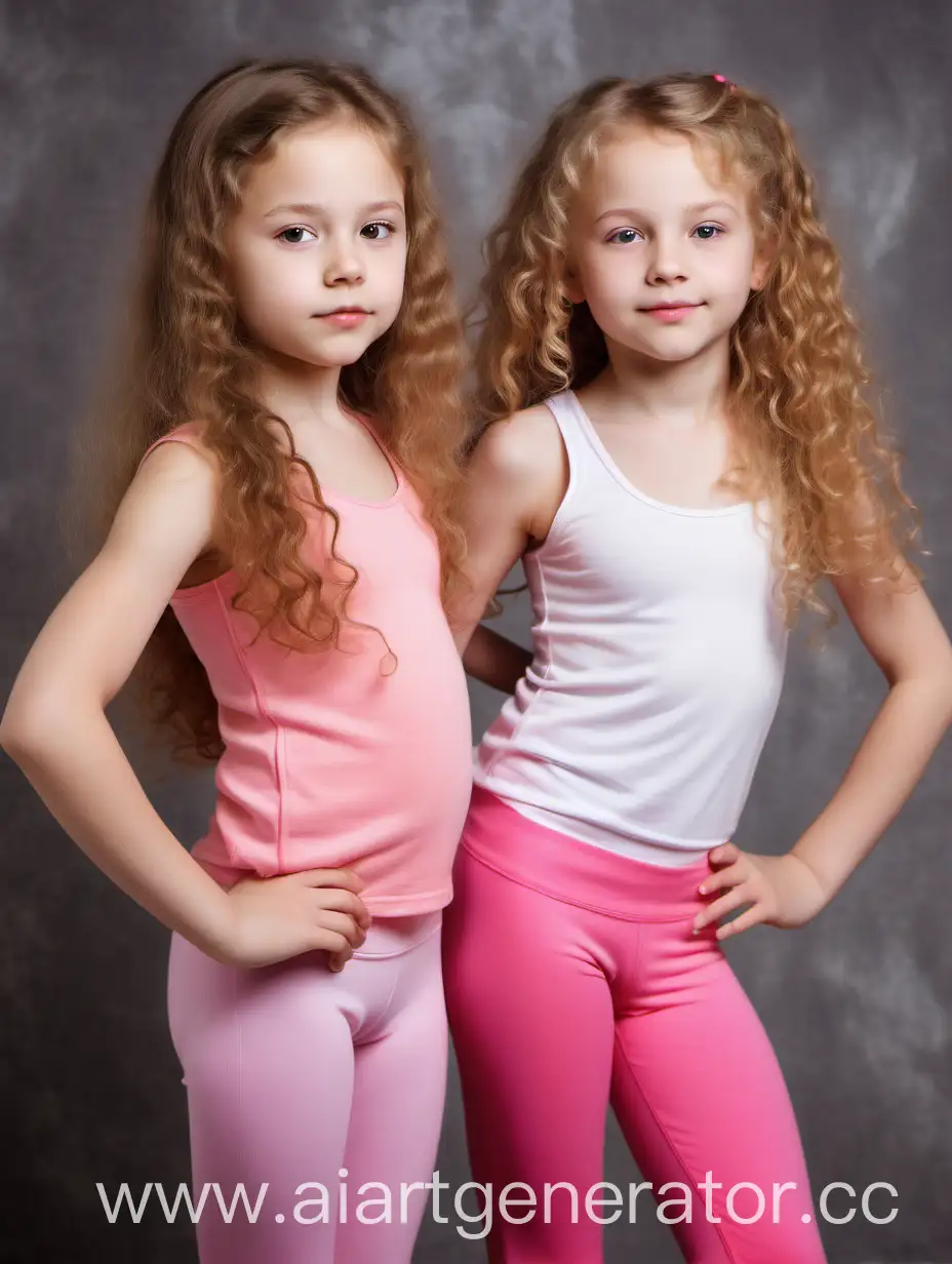 Two most beatiful 10 years old girls. She is russian, cute, petite. Close-up body.  Full body. The photo take from side. Bird's eye view. They have long curly hair. They wear a pink yoga pants. The girls are so beautiful, cute. Plump lips. 
